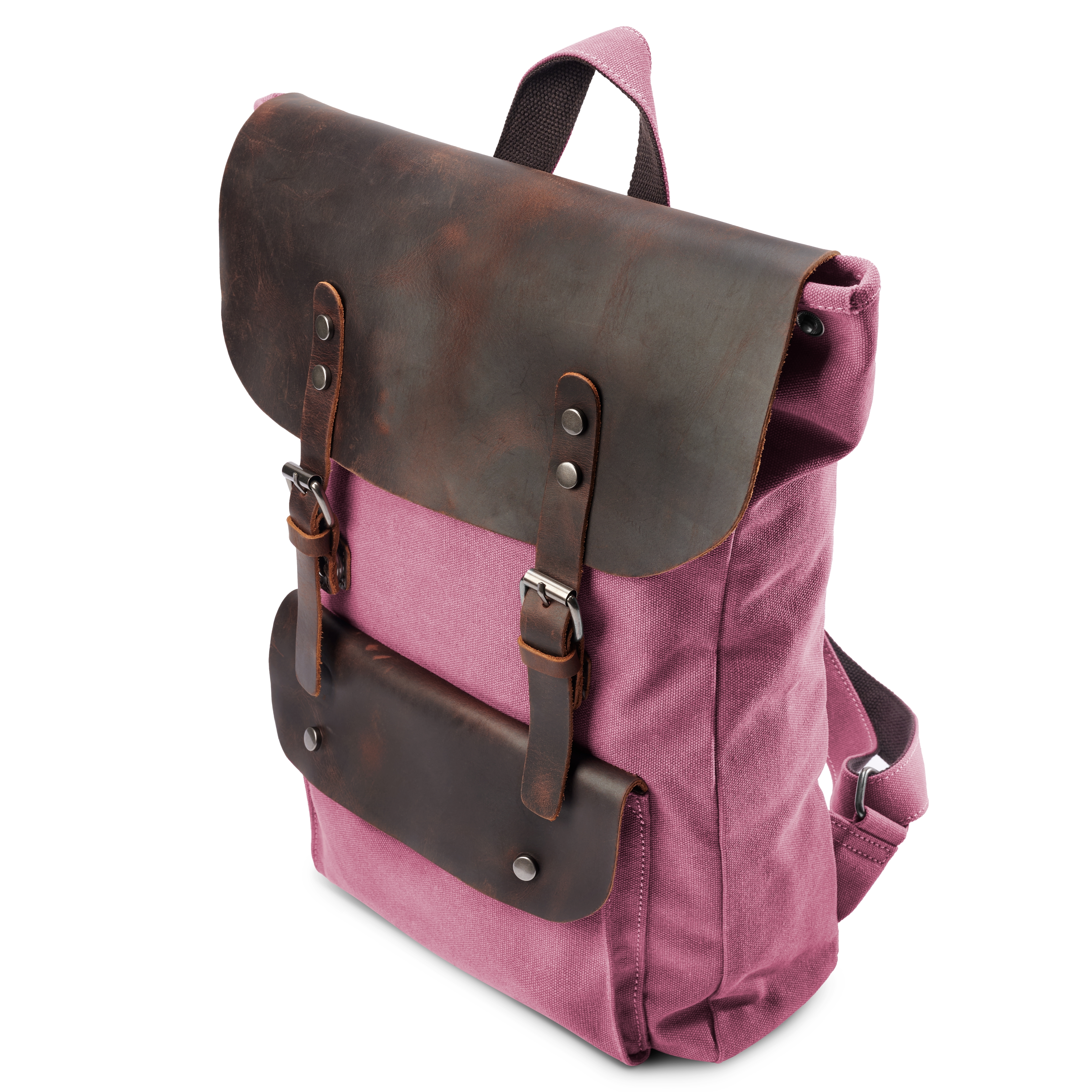 Vintage-Style Pink Leather & Canvas Backpack - 4