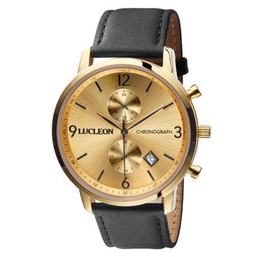 Lane | Gold-Tone Chronograph Watch With Gold-Tone Dial & Black Leather Strap