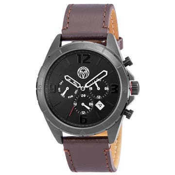 Alton | Gunmetal Chronograph Watch With Black Dial & Chocolate Brown Leather Strap