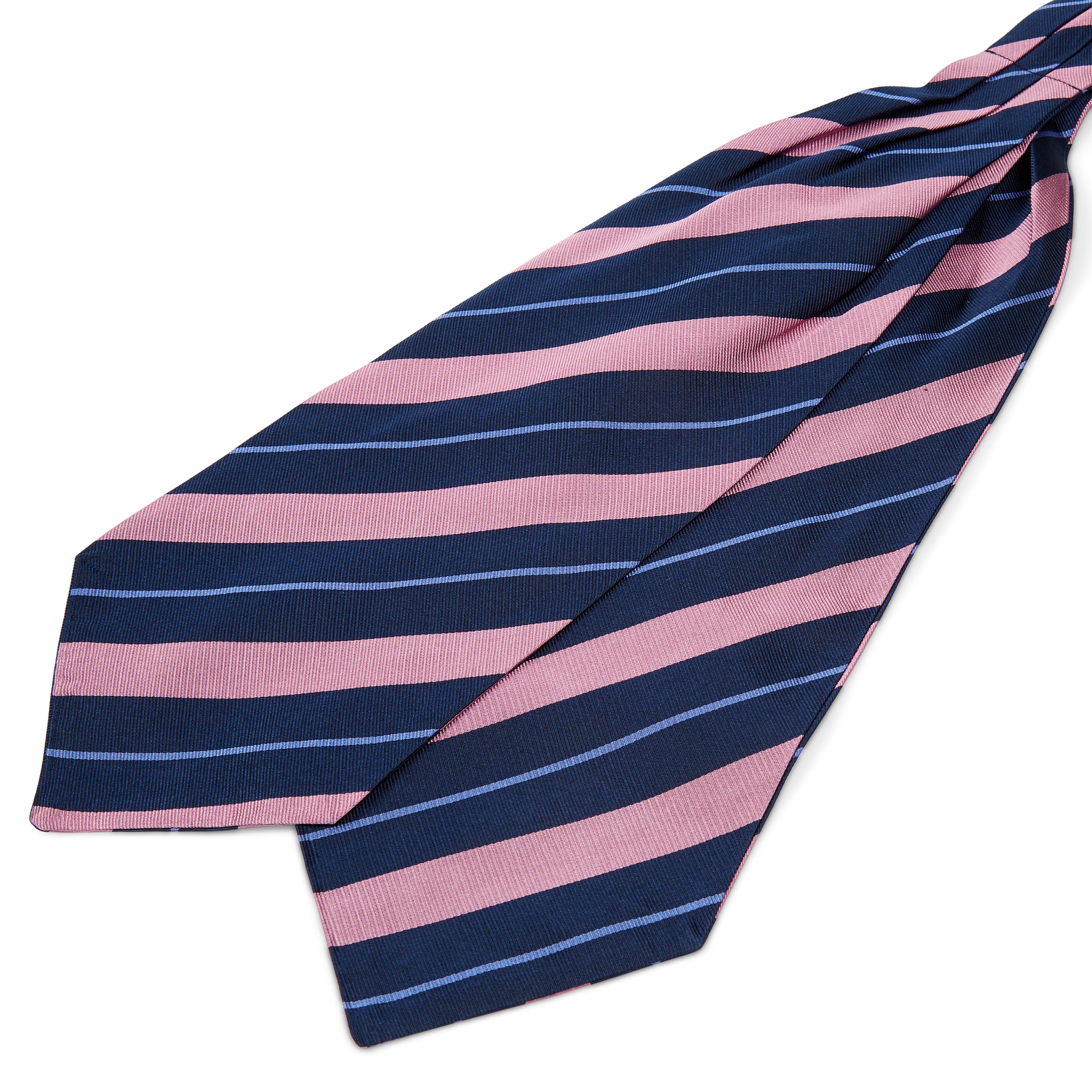 Cravatta ascot in seta blu navy con fantasia a righe rosa e azzurro