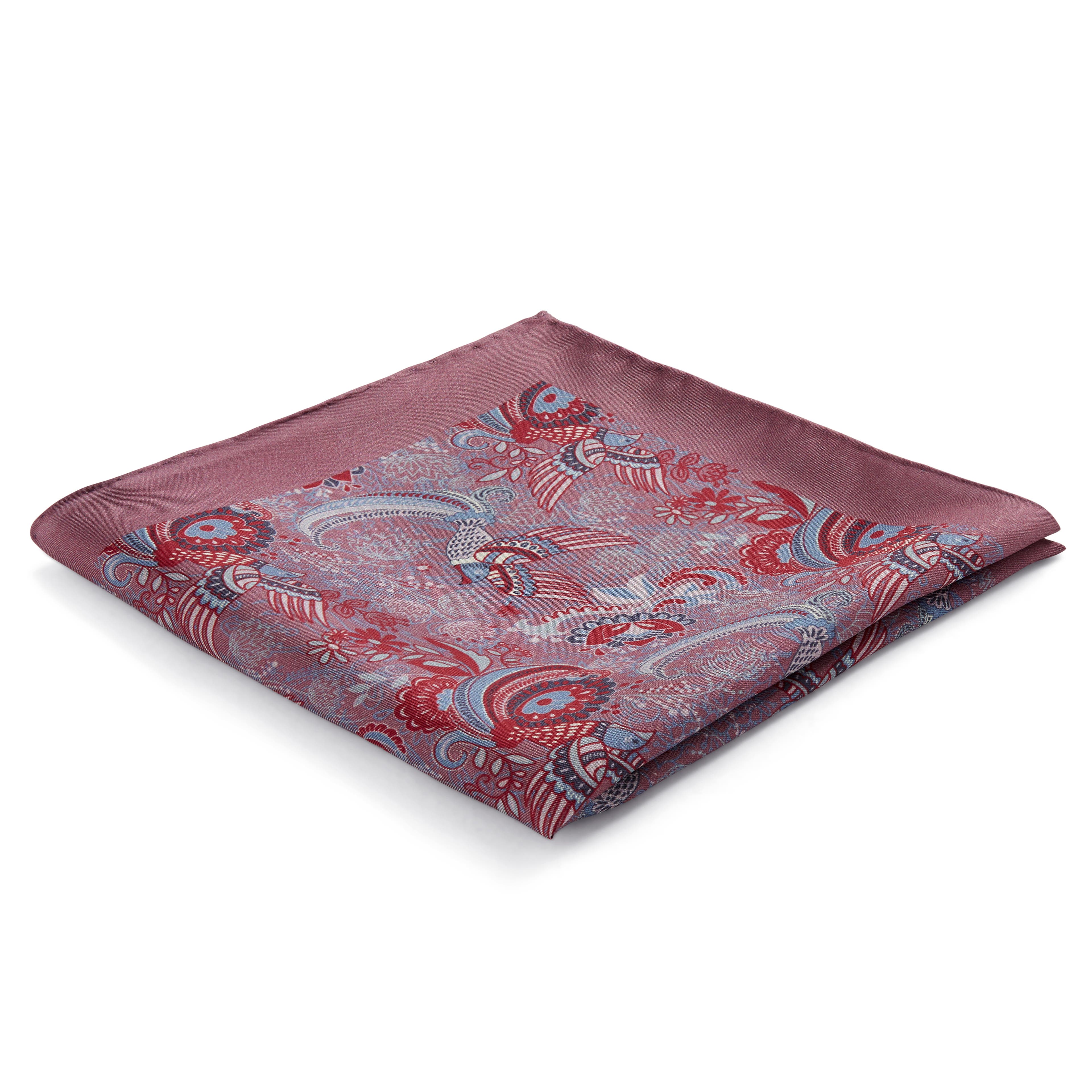 Boho | Soft Red & Sky Blue Bird Pattern Silk Pocket Square