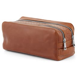 Jasper | Tan Double Zip Leather Wash Bag