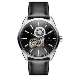 Cor | Silver-Tone Stainless Steel Skeleton Watch With Black Dial