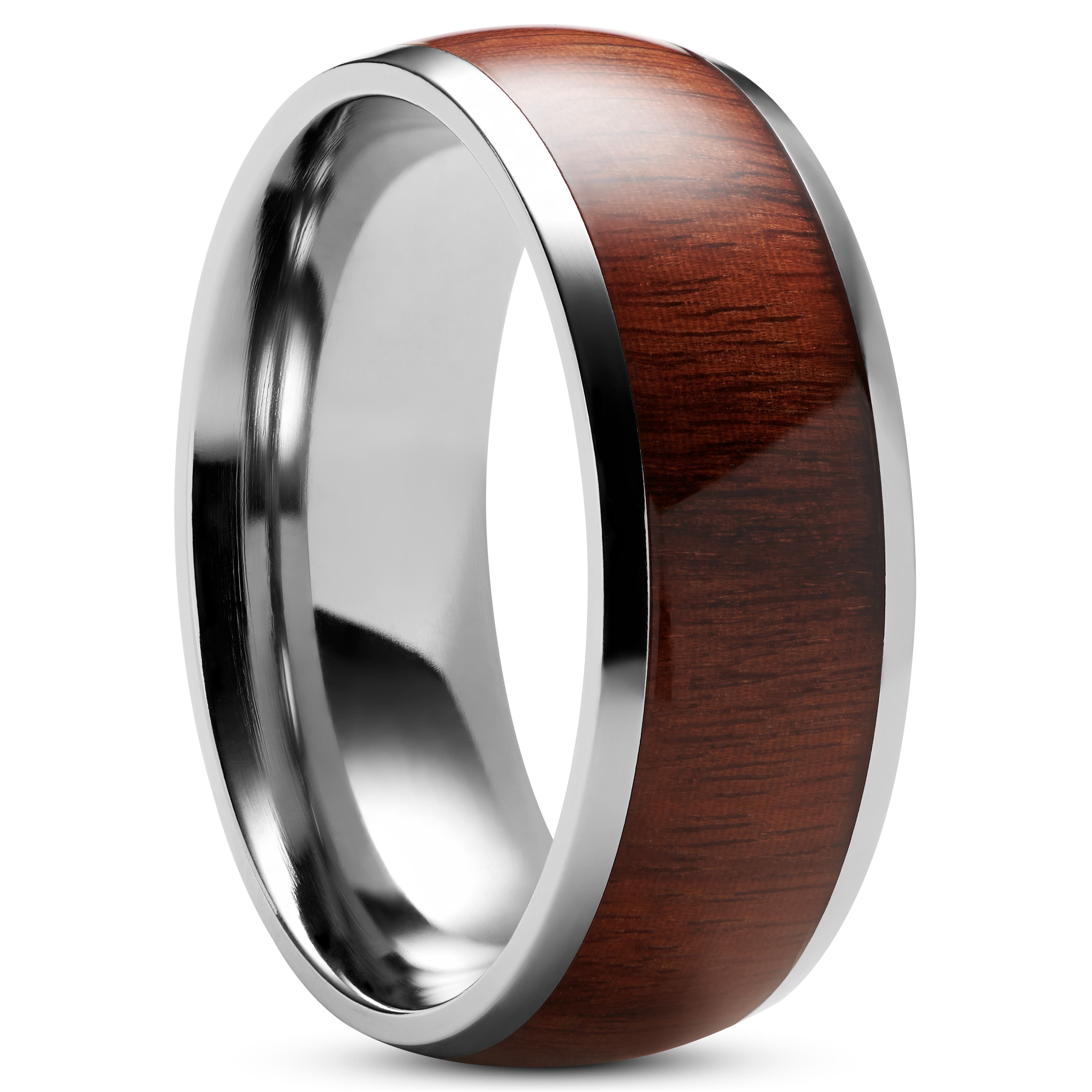 Aesop | 8 mm Silver-Tone Titanium With Natural Red Oak Center Ring