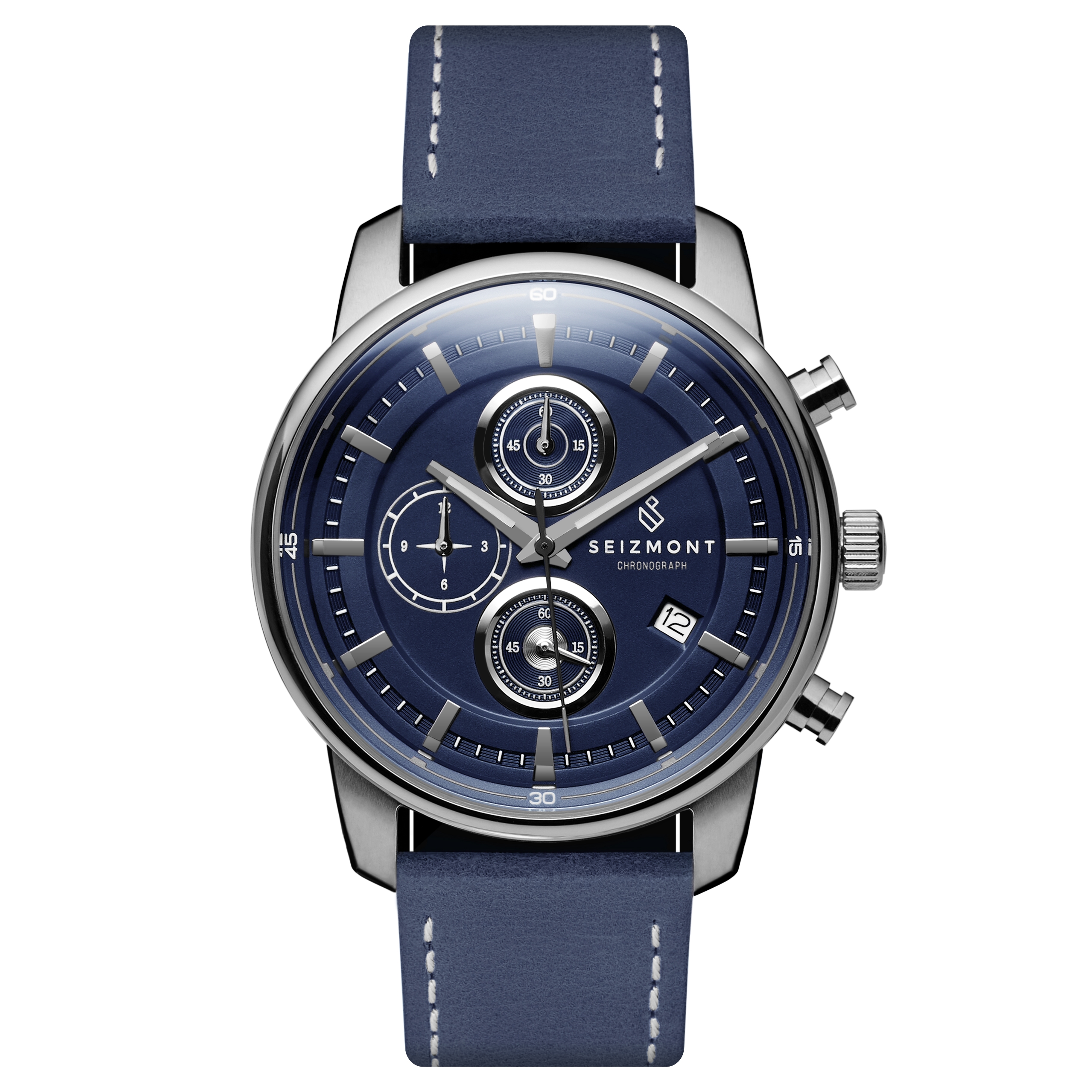 Parva Silver Tone Chronograph Watch With Navy Blue Dial Blue Leather Strap