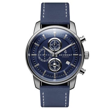 Parva | Silver-Tone Chronograph Watch With Navy Blue Dial & Blue Leather Strap Parva | Silver-Tone Chronograph Watch With Navy Blue Dial & Blue Leather Strap