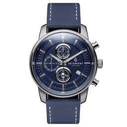 Parva | Silver-Tone Chronograph Watch With Navy Blue Dial & Blue Leather Strap