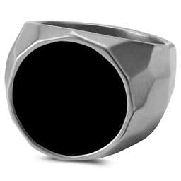 Jax | Silver-Tone Stainless Steel With Black Agate Signet Ring