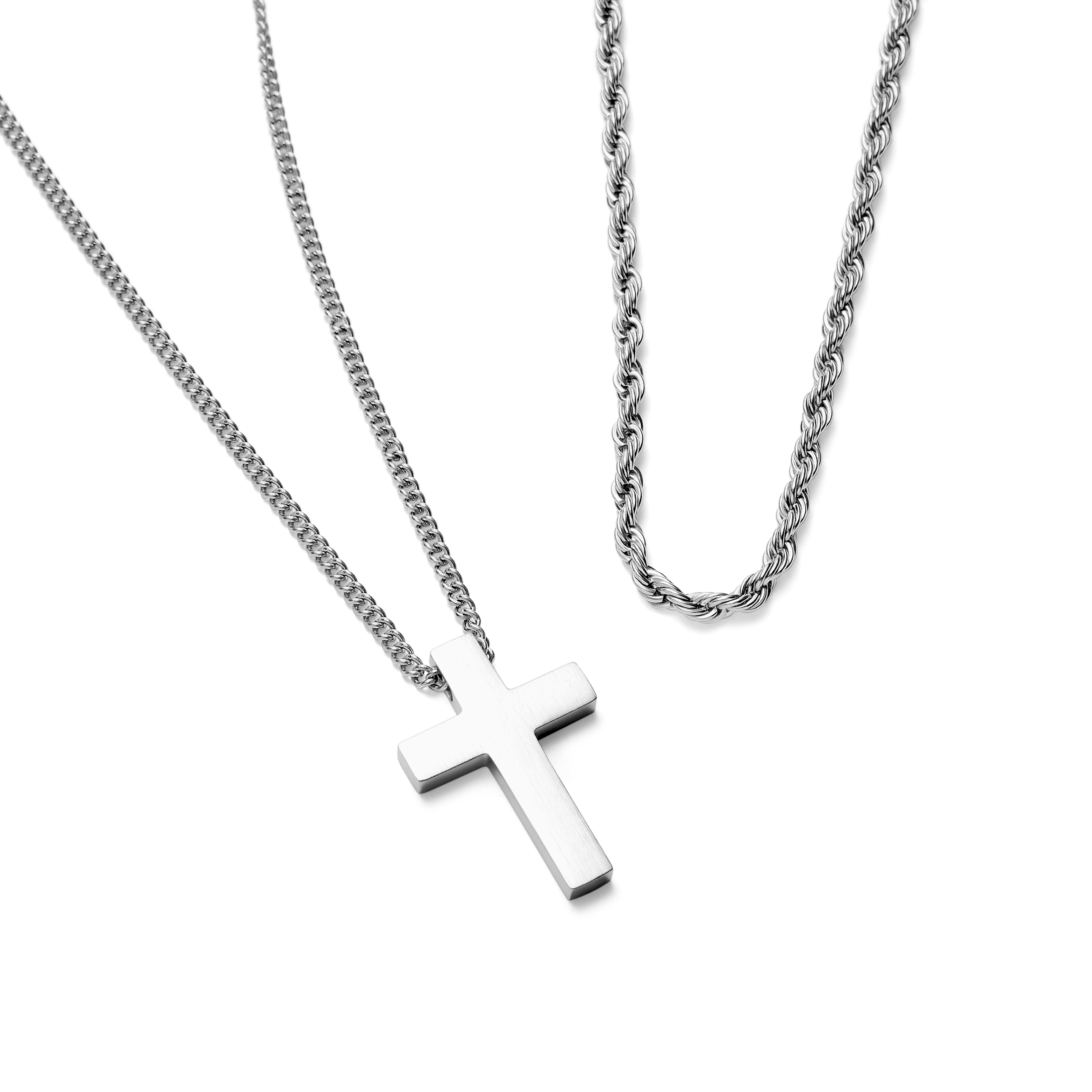 Silver-Tone Stainless Steel Cross & Rope Chain Necklace Layering Set - 2