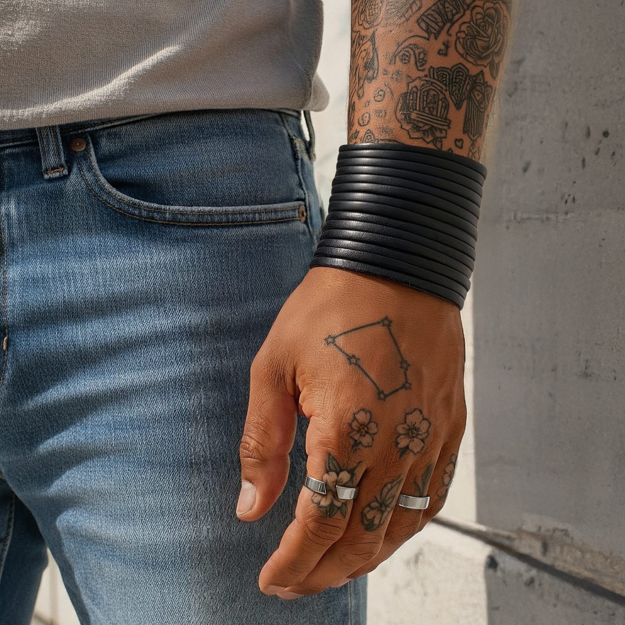 Black Wide Multi Leather Bracelet - 3