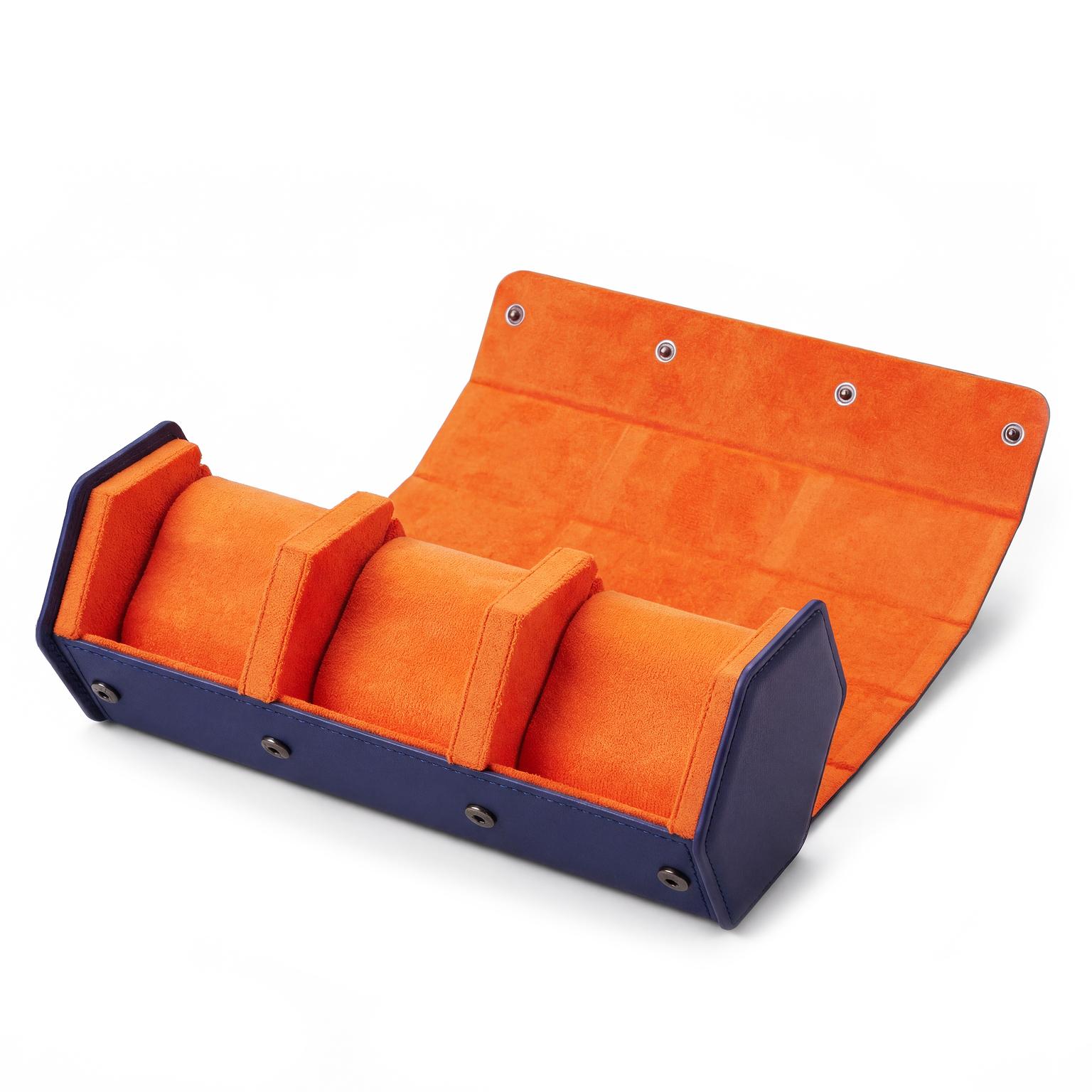 Hexa | Estuche enrollable hexagonal de cuero sintético azul marino y naranja para 3 relojes Hexa | Estuche enrollable hexagonal de cuero sintético azul marino y naranja para 3 relojes