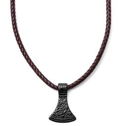 Brown Leather With Black Stainless Steel Norse Axe Necklace