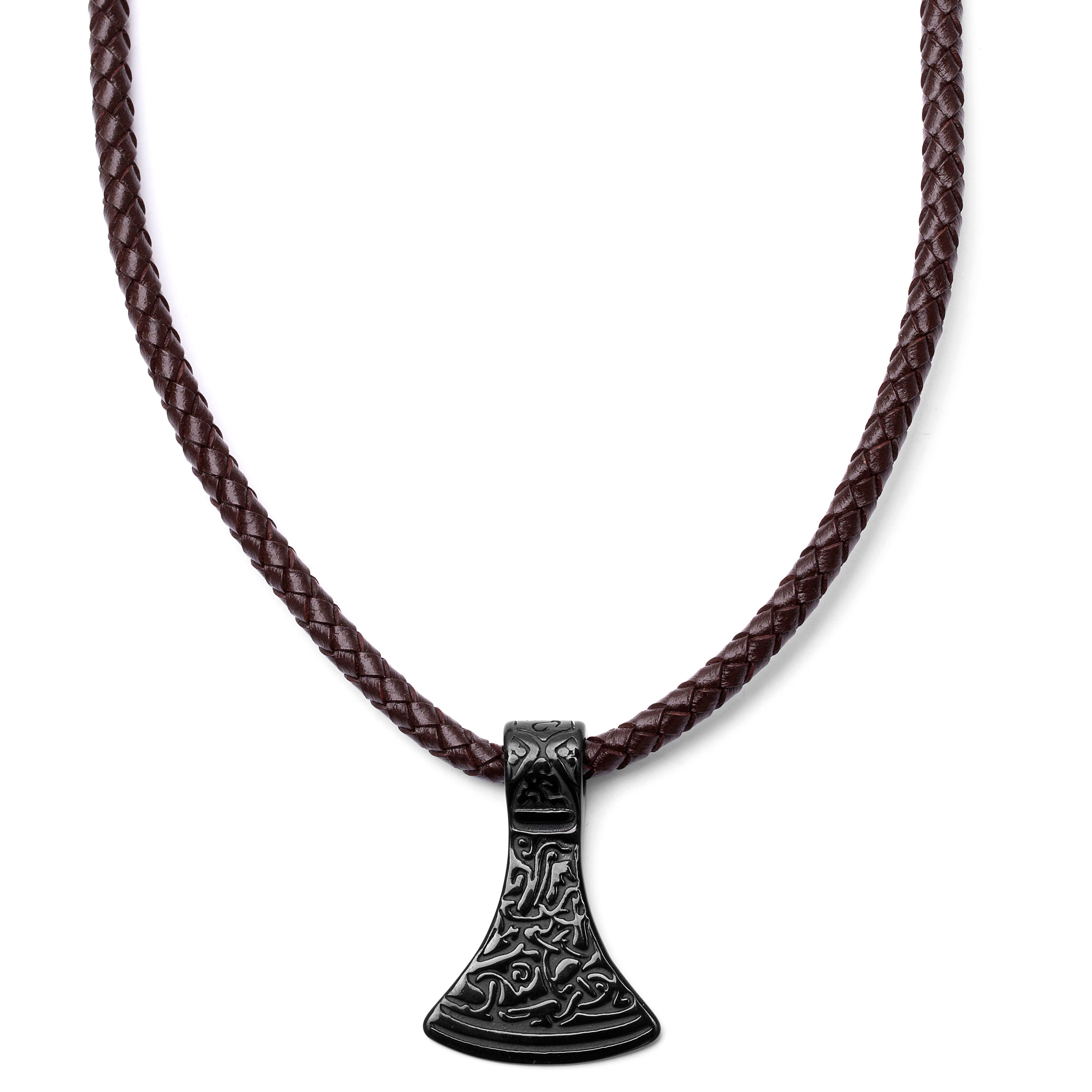 Brown Leather With Black Stainless Steel Norse Axe Necklace