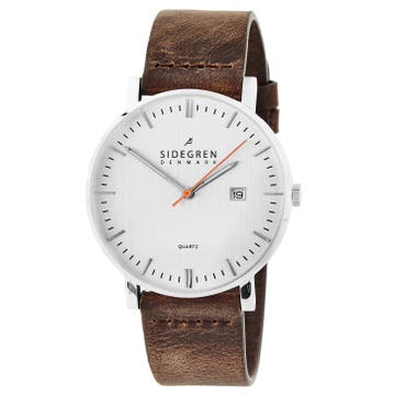 Kevil | Silver-Tone Slim Dress Watch With White Dial & Brown Leather Strap