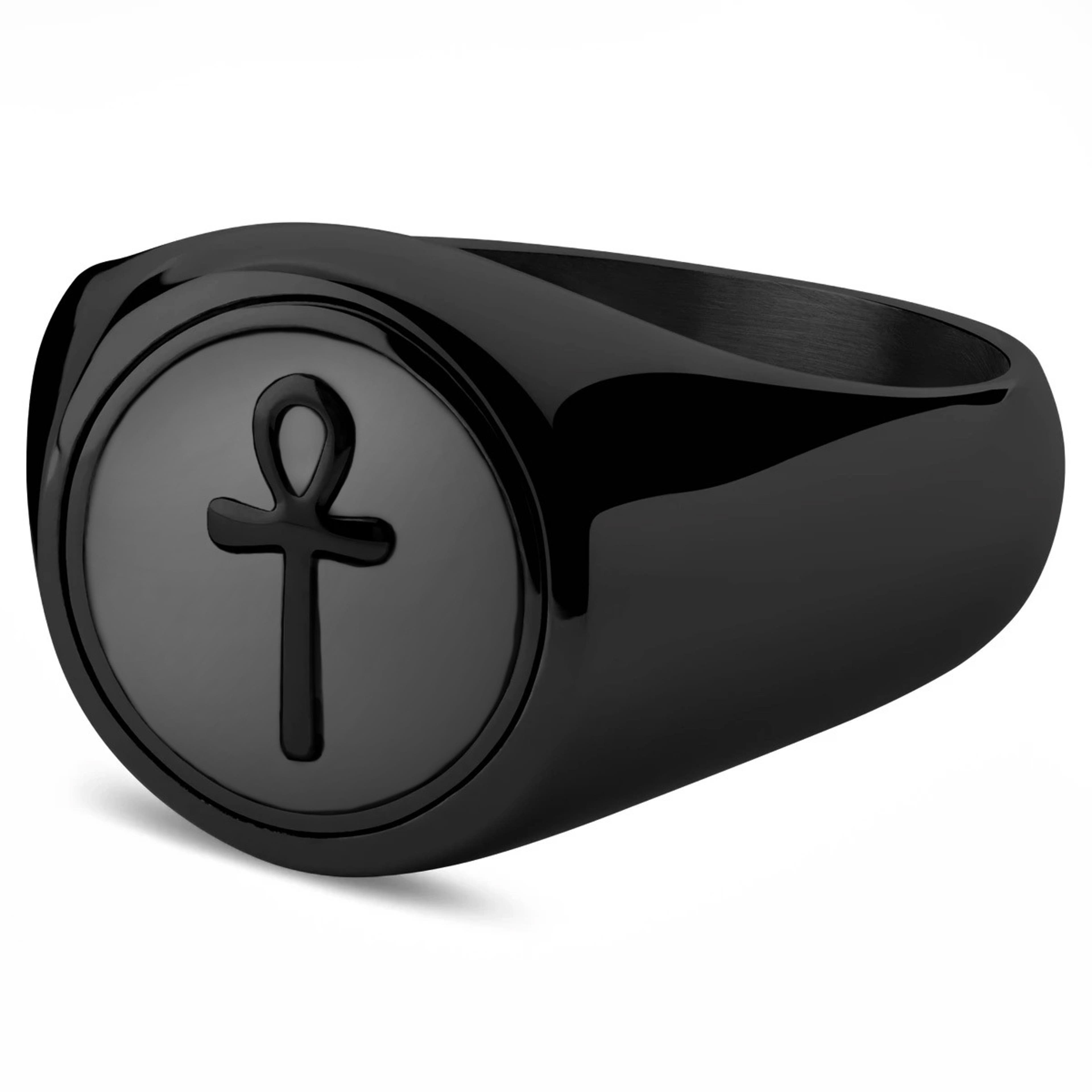 Черен пръстен печат с кръст Анкх