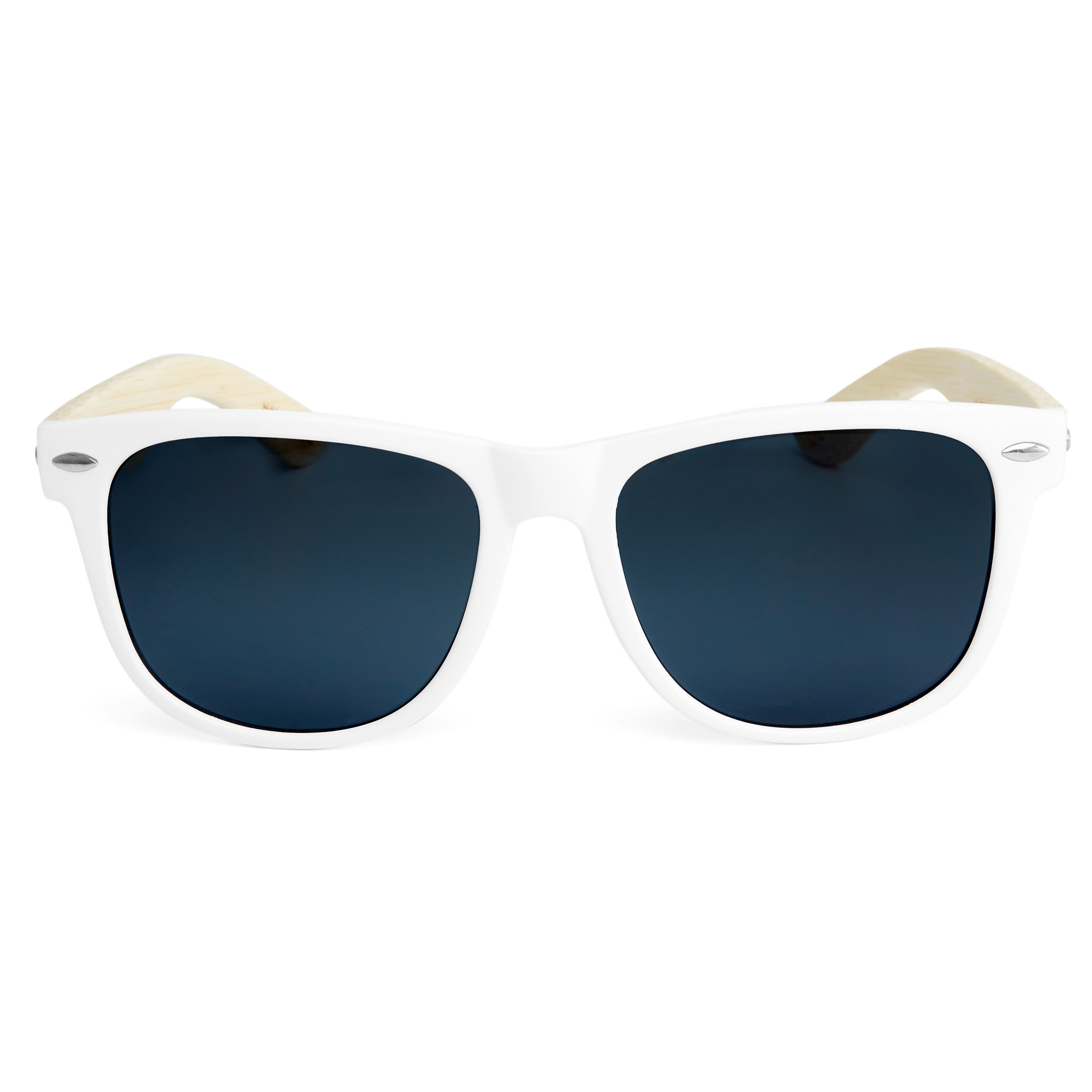 Бели квадратни слънчеви очила с опушени стъкла и дървени дръжки