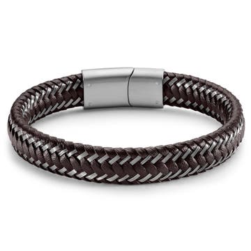 Brown Leather & Stainless Steel Braided Bracelet