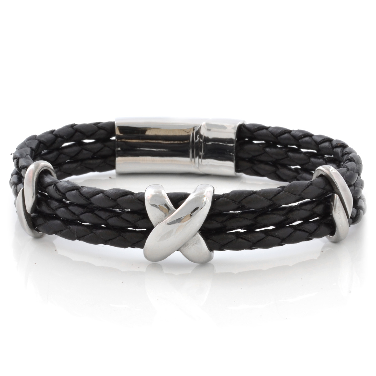 Trippelt Svart Boloflätat Läderarmband - 1