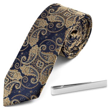 Krawatte mit Paisleymuster und silberfarbener Krawattenklammer Set