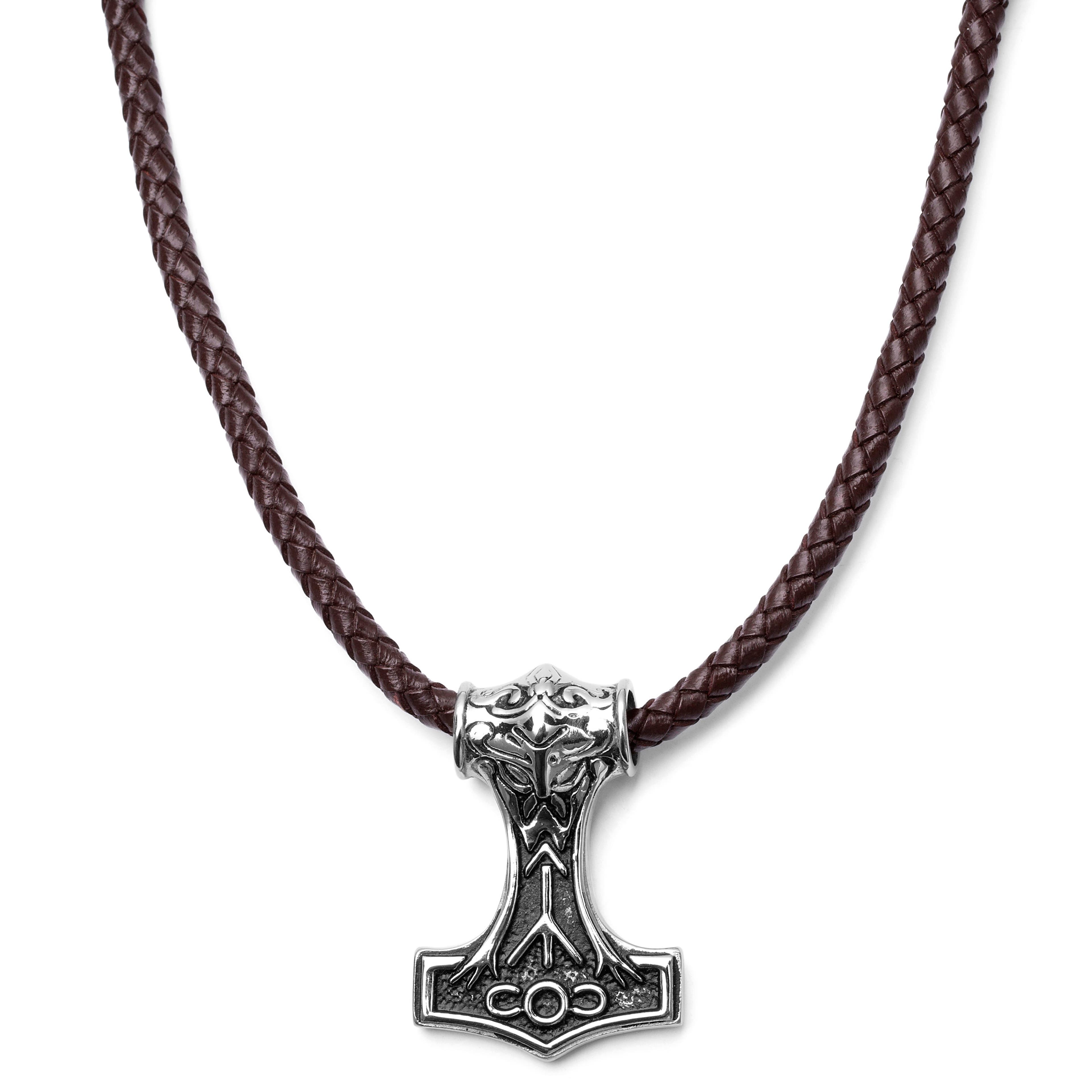Oboustranný hnědý kožený náhrdelník Viking