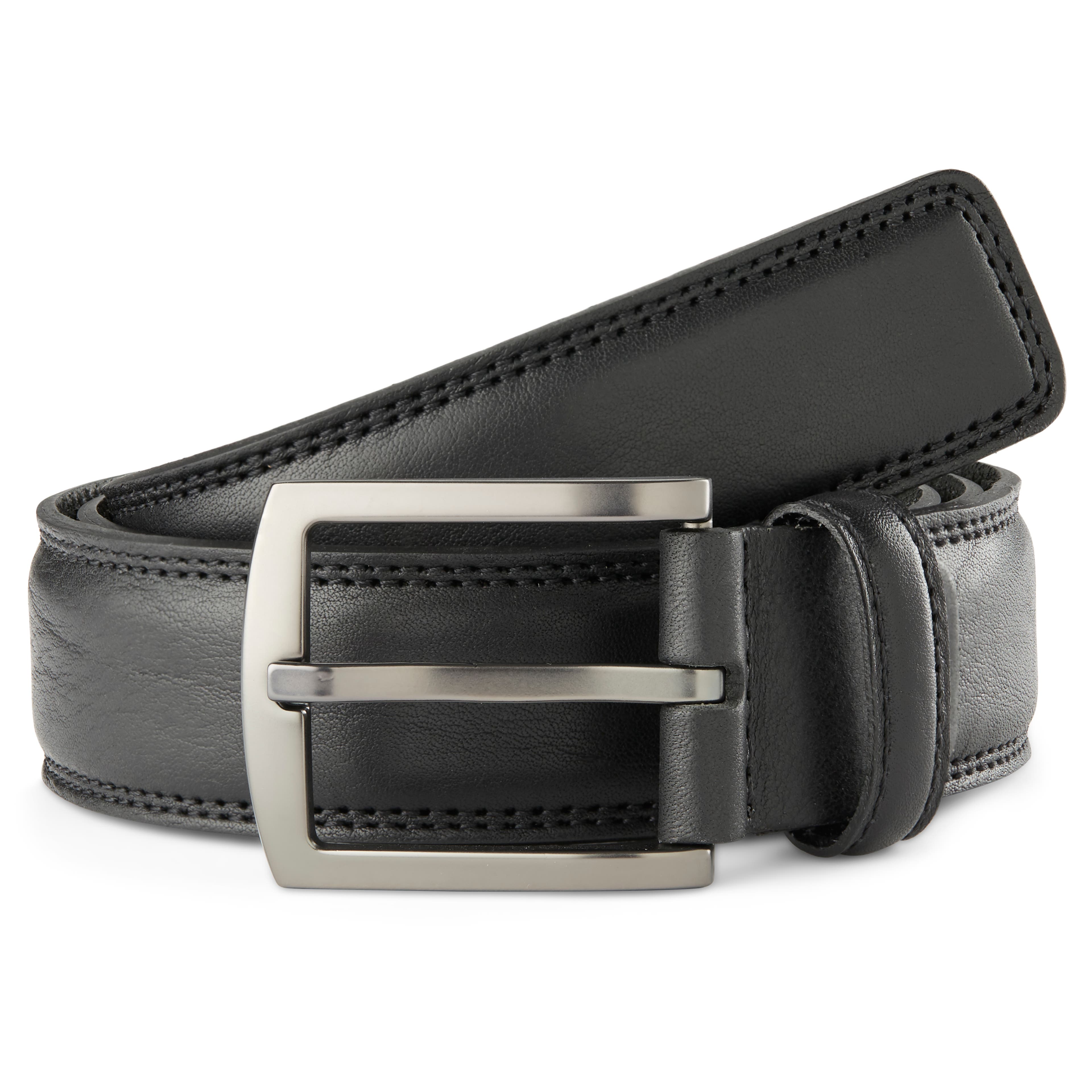 Cinturón clásico de cuero negro con hebilla plateada