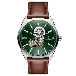 Cor | Silver-Tone Stainless Steel Skeleton Watch With Bold Green Dial