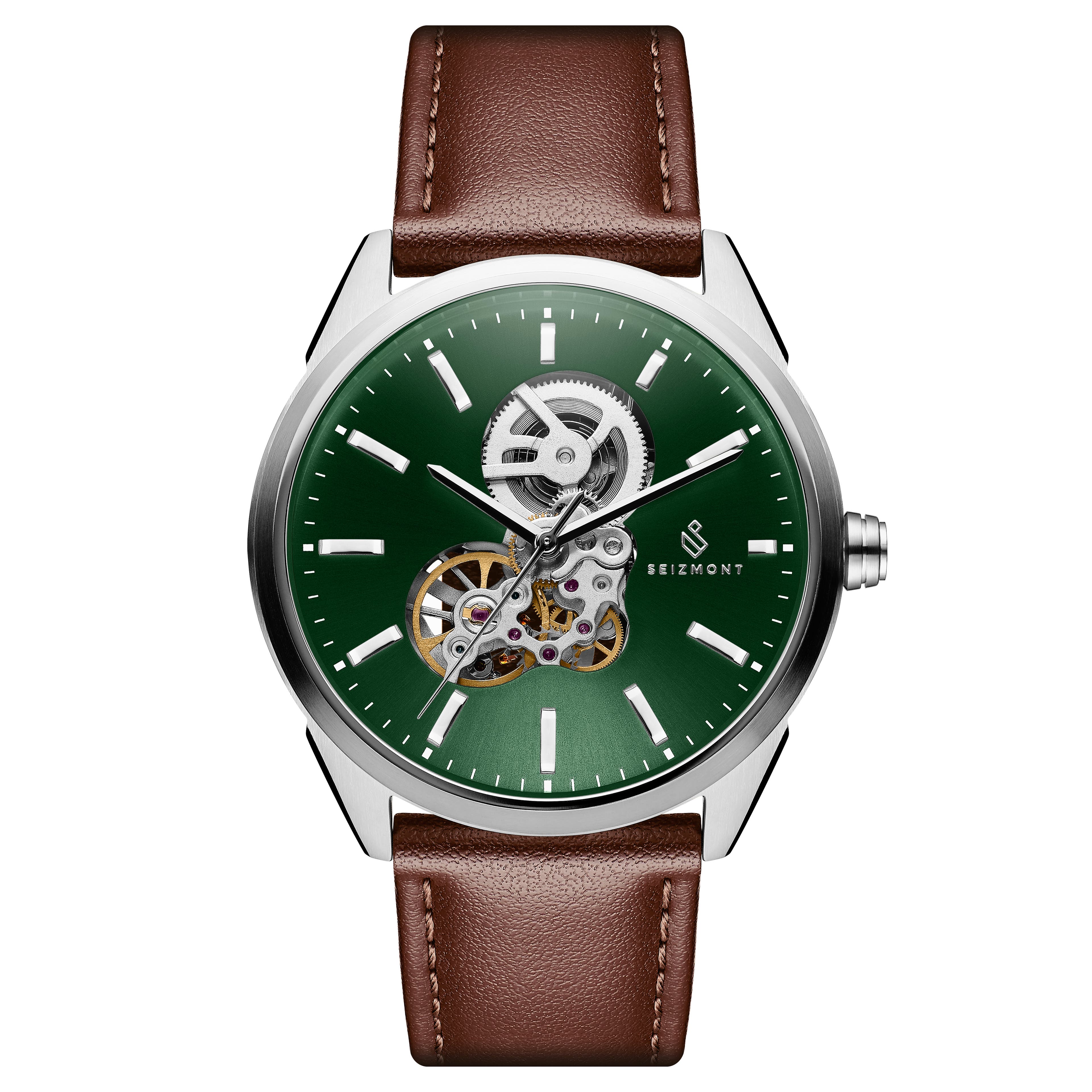 Cor | Silver-Tone Stainless Steel Skeleton Watch With Bold Green Dial