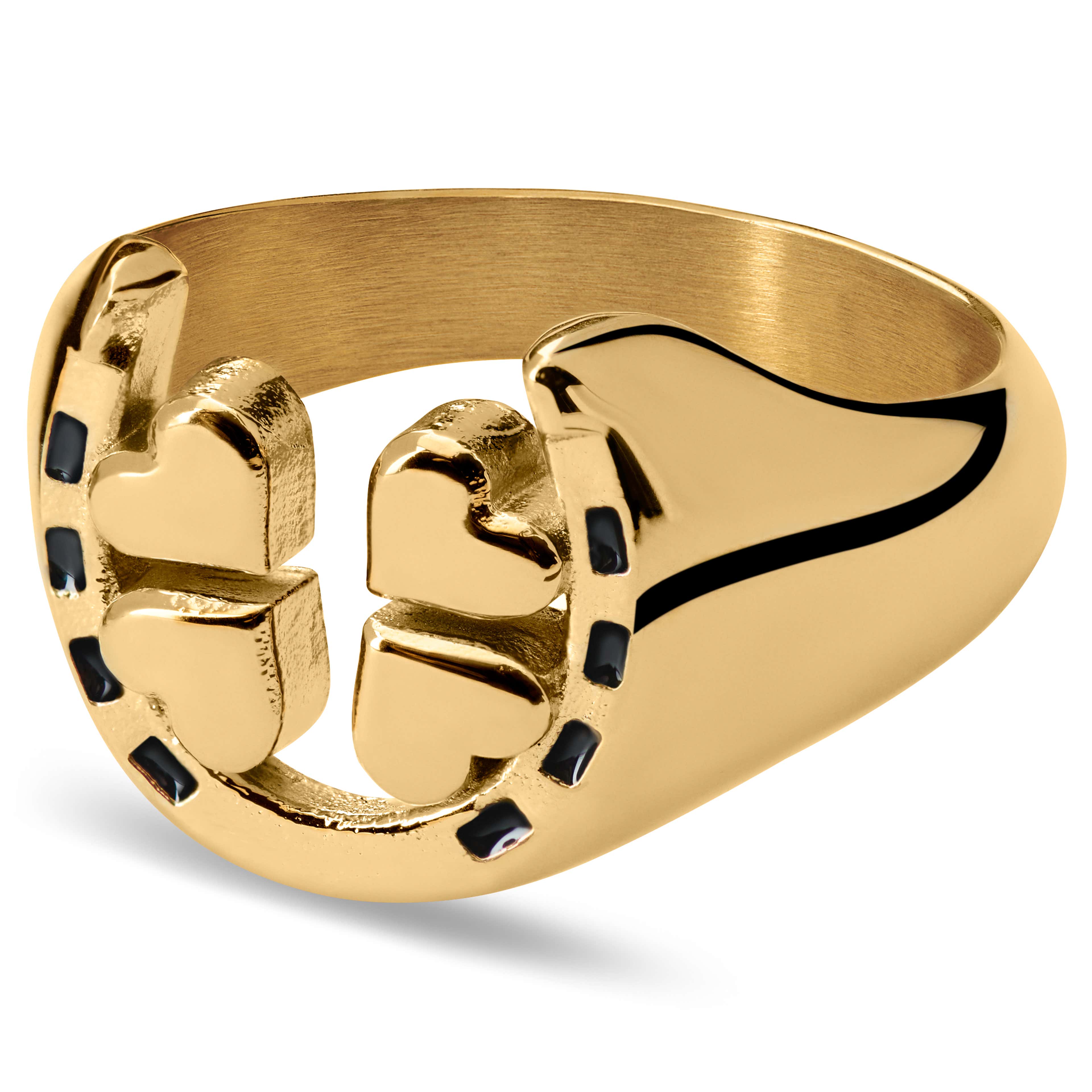 Ace | Златист пръстен печат с четирилистна детелина и подкова