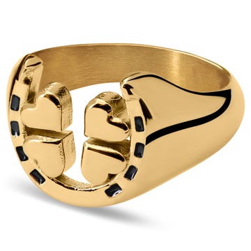 Ace | Pečetní prsten s podkovou a čtyřlístkem zlaté barvy 