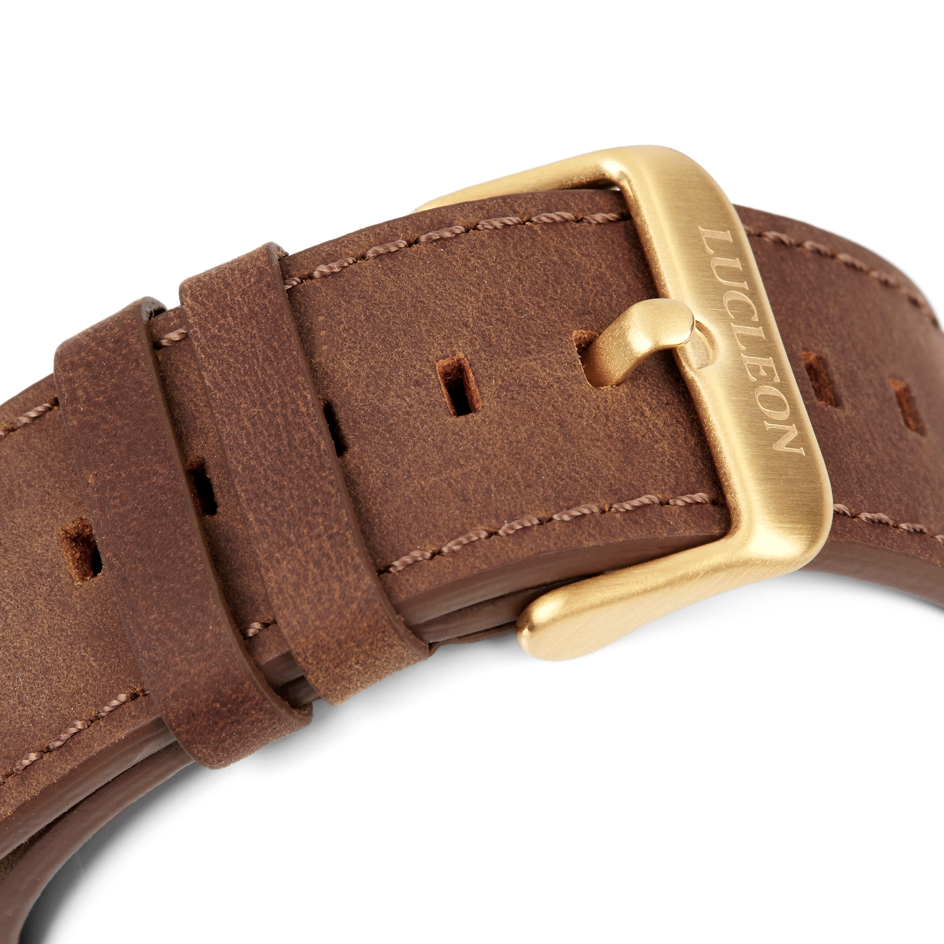 Grover | Gold-Tone Day-Date Watch With Gold-Tone Dial & Brown Leather Strap - 4