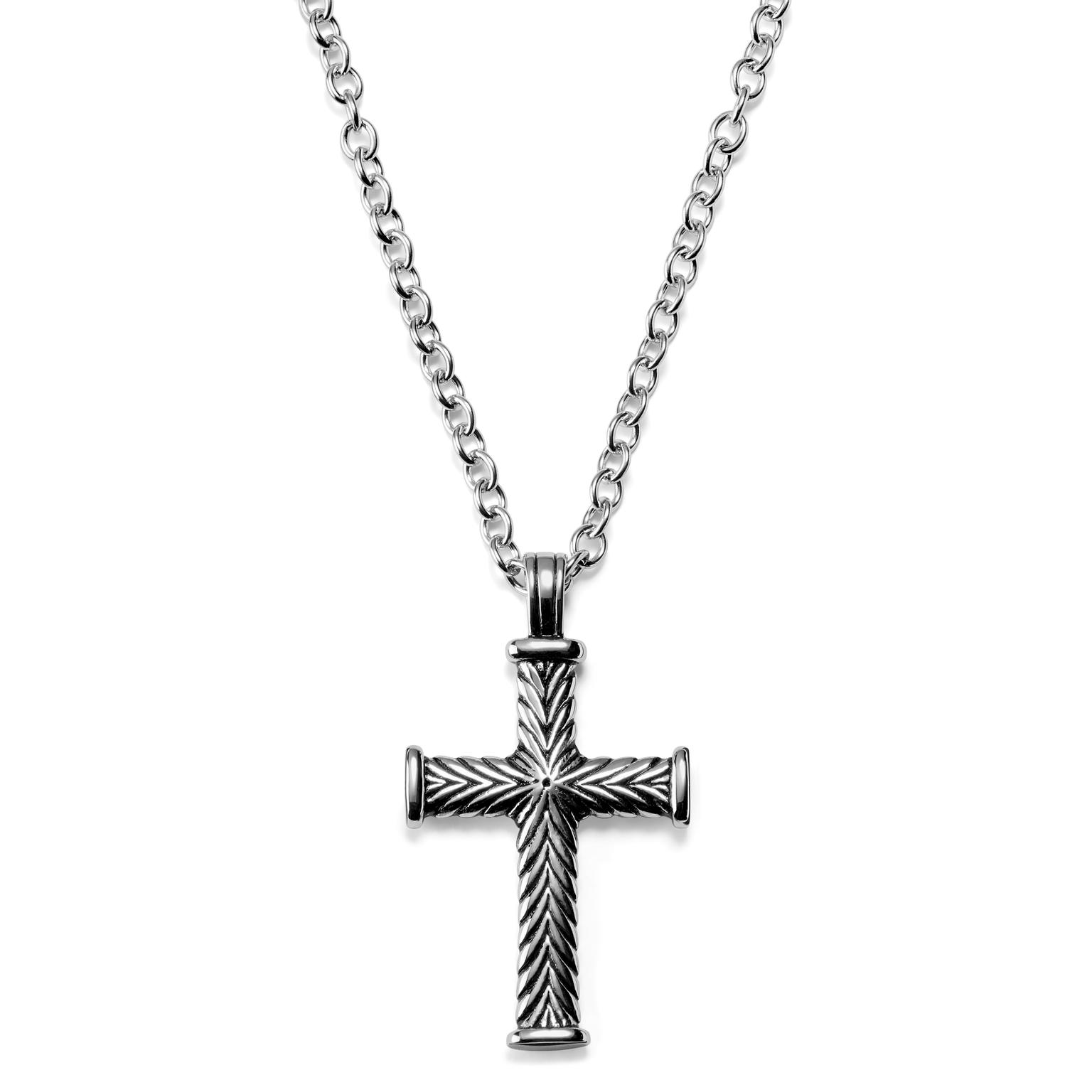 Silver-Tone Stainless Steel With Leaf Cross Cable Chain Necklace Silver-Tone Stainless Steel With Leaf Cross Cable Chain Necklace