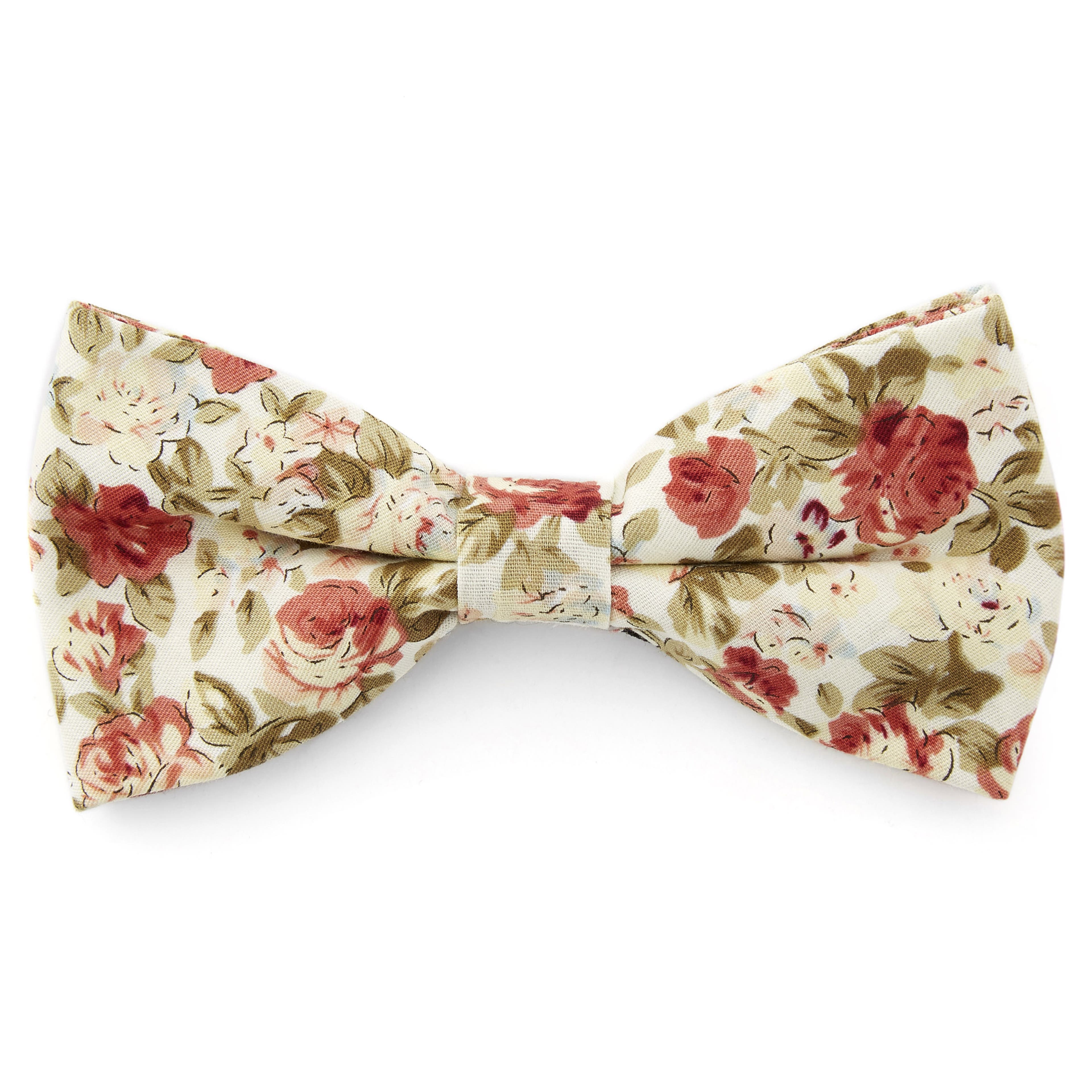 Cream Floral Cotton Pre-Tied Bow Tie
