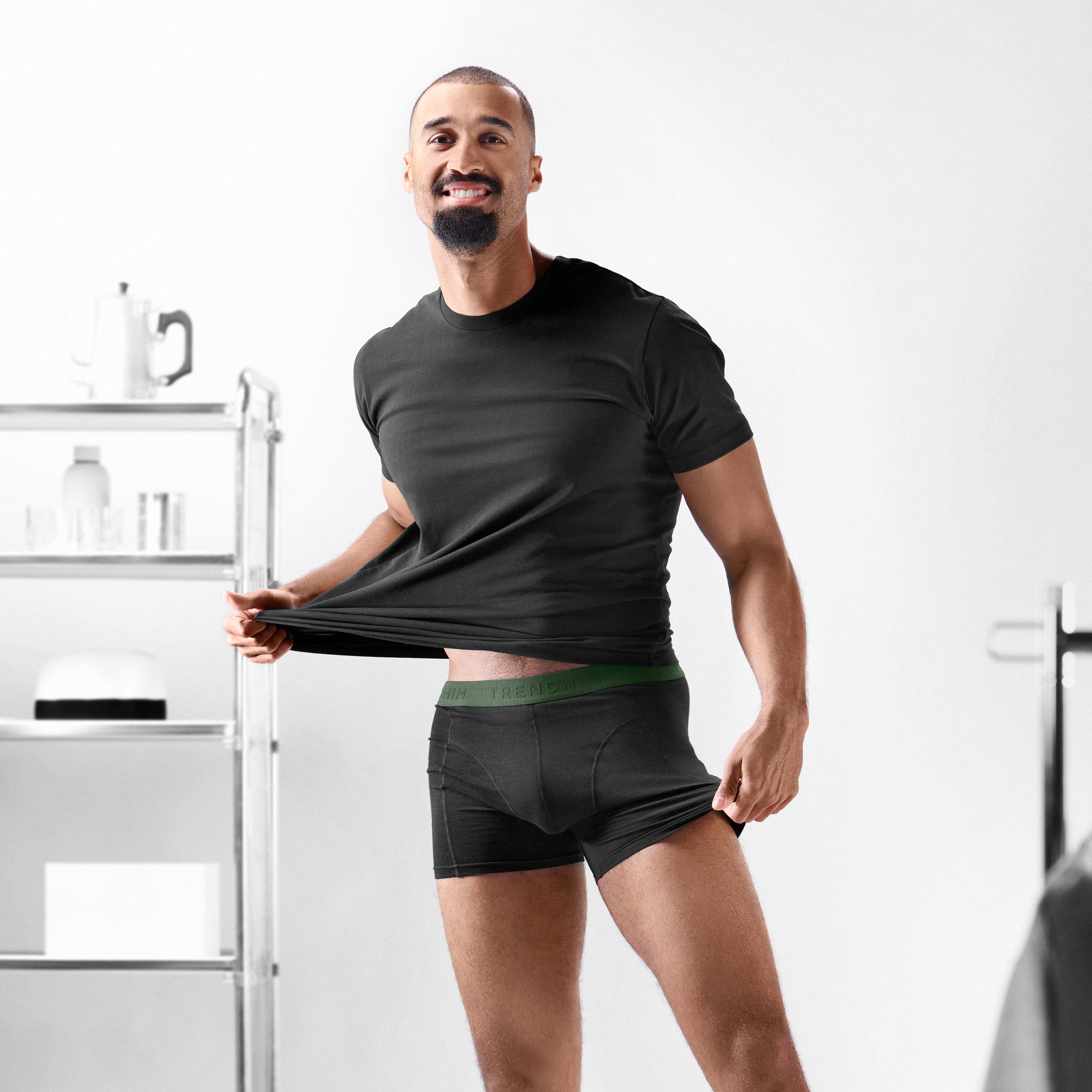 FlexFeel | 3-Pak Sorte Boxershorts i Bomuld m. Olivengrøn Linning - 5