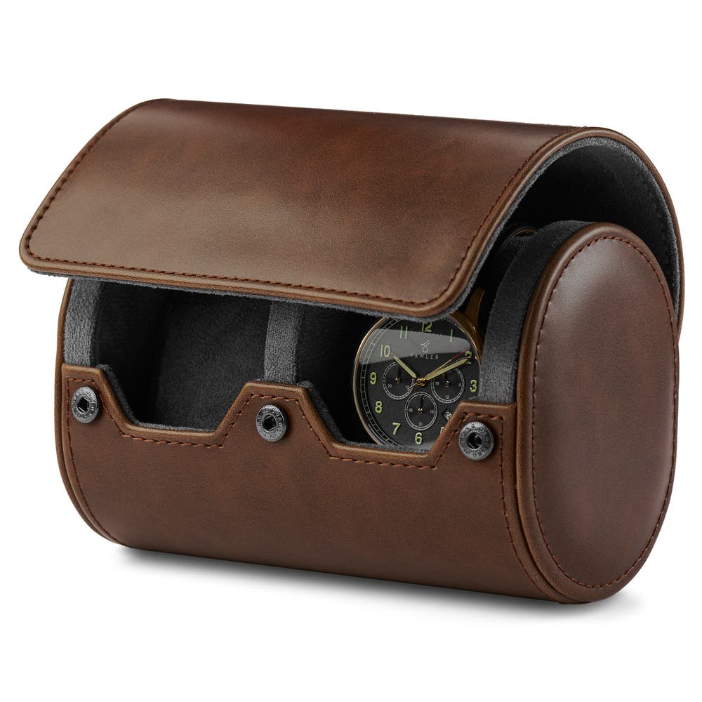 hover: Brown Vintage Leather Double Watch Roll hover: Brown Vintage Leather Double Watch Roll