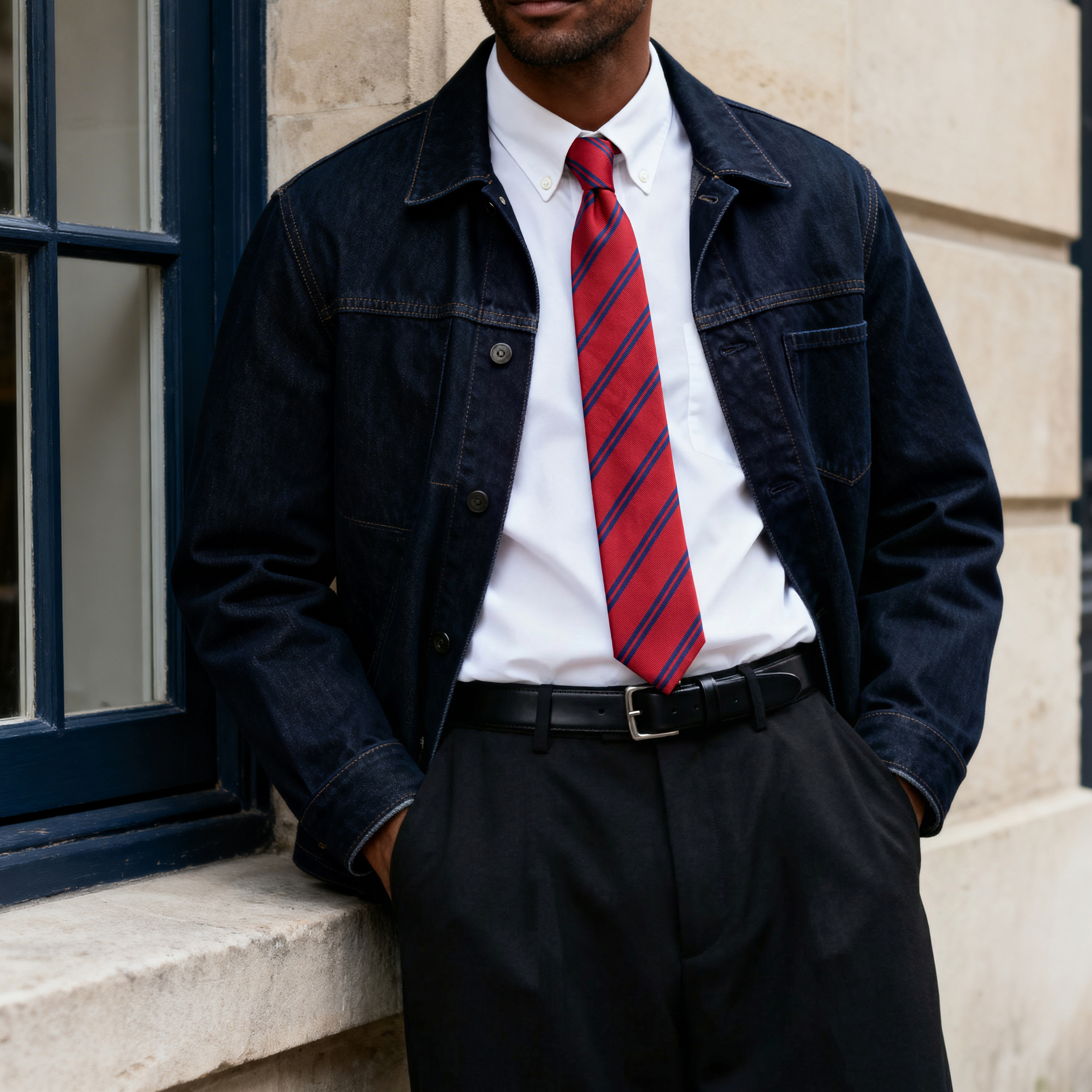 Cravate en soie rouge à rayures bleu marine - 8 cm - 3