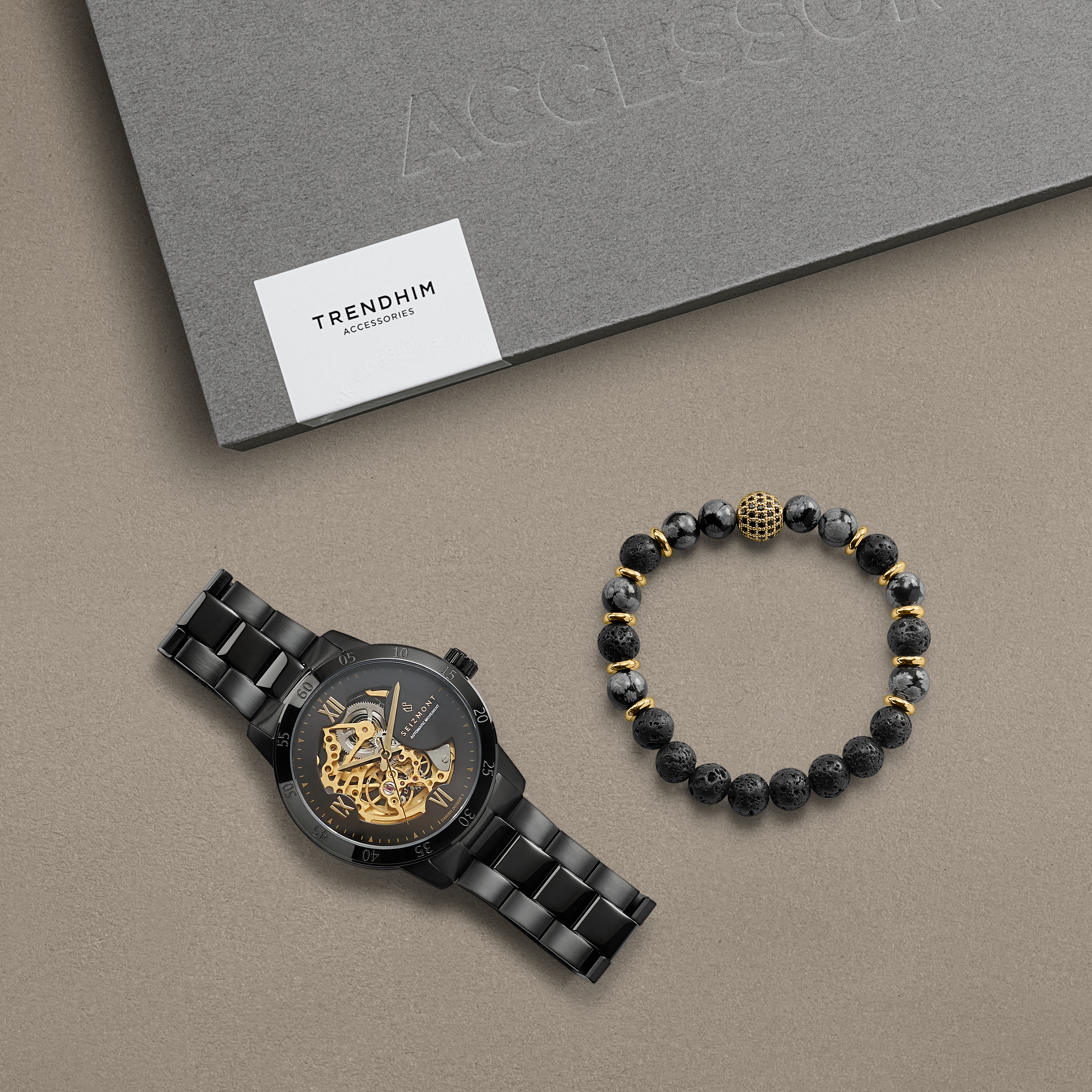 Sort & Guldfarvet Automatisk Skelet Ur og Lavasten & Alabast Armbånd Gaveæske - 2