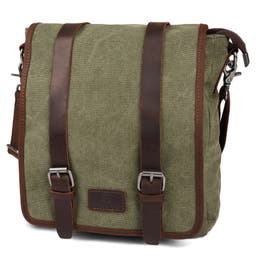 Tarpa | Slim Green Canvas & Brown Leather Messenger Bag
