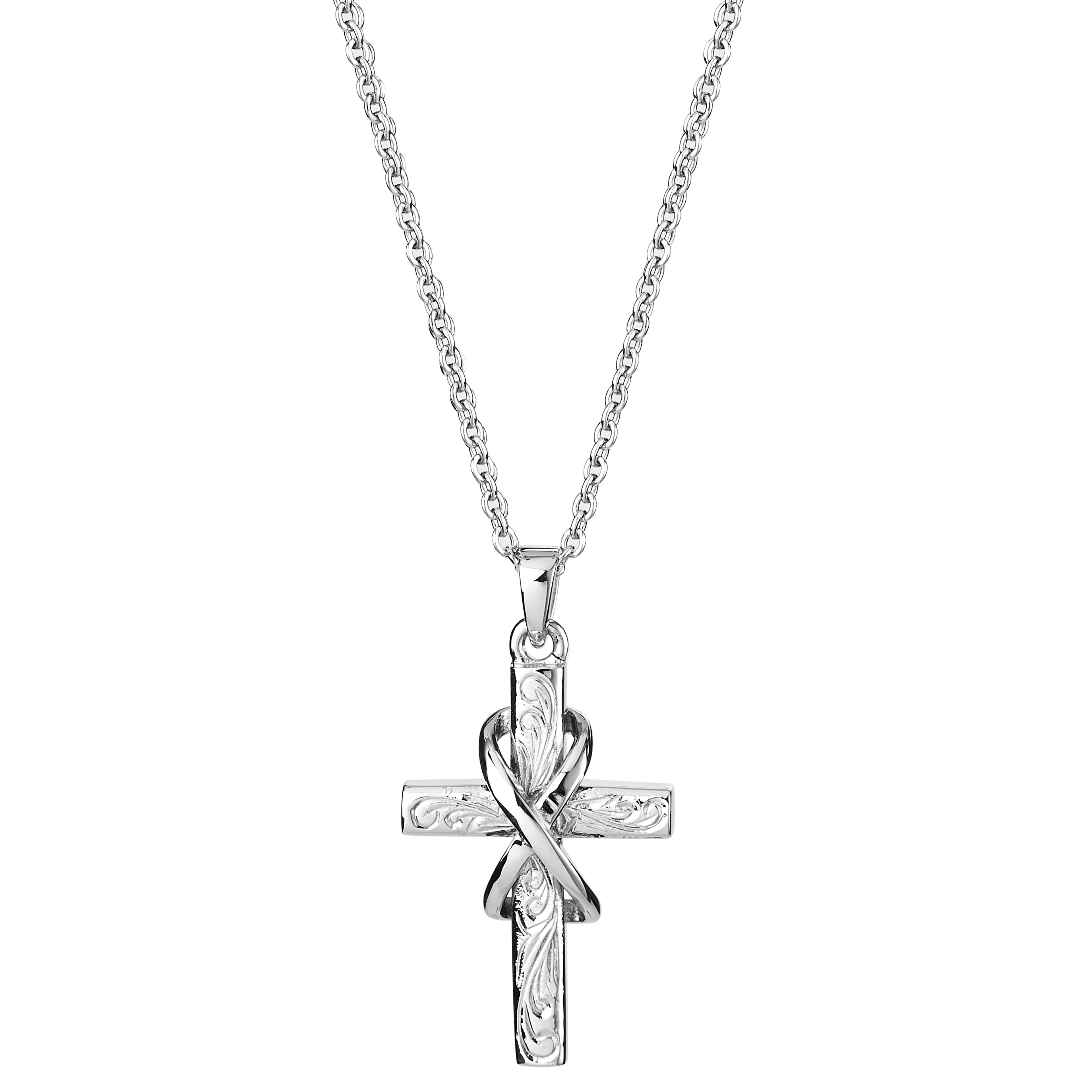 Zilverkleurige ketting met kruis en oneindigheidssymbool