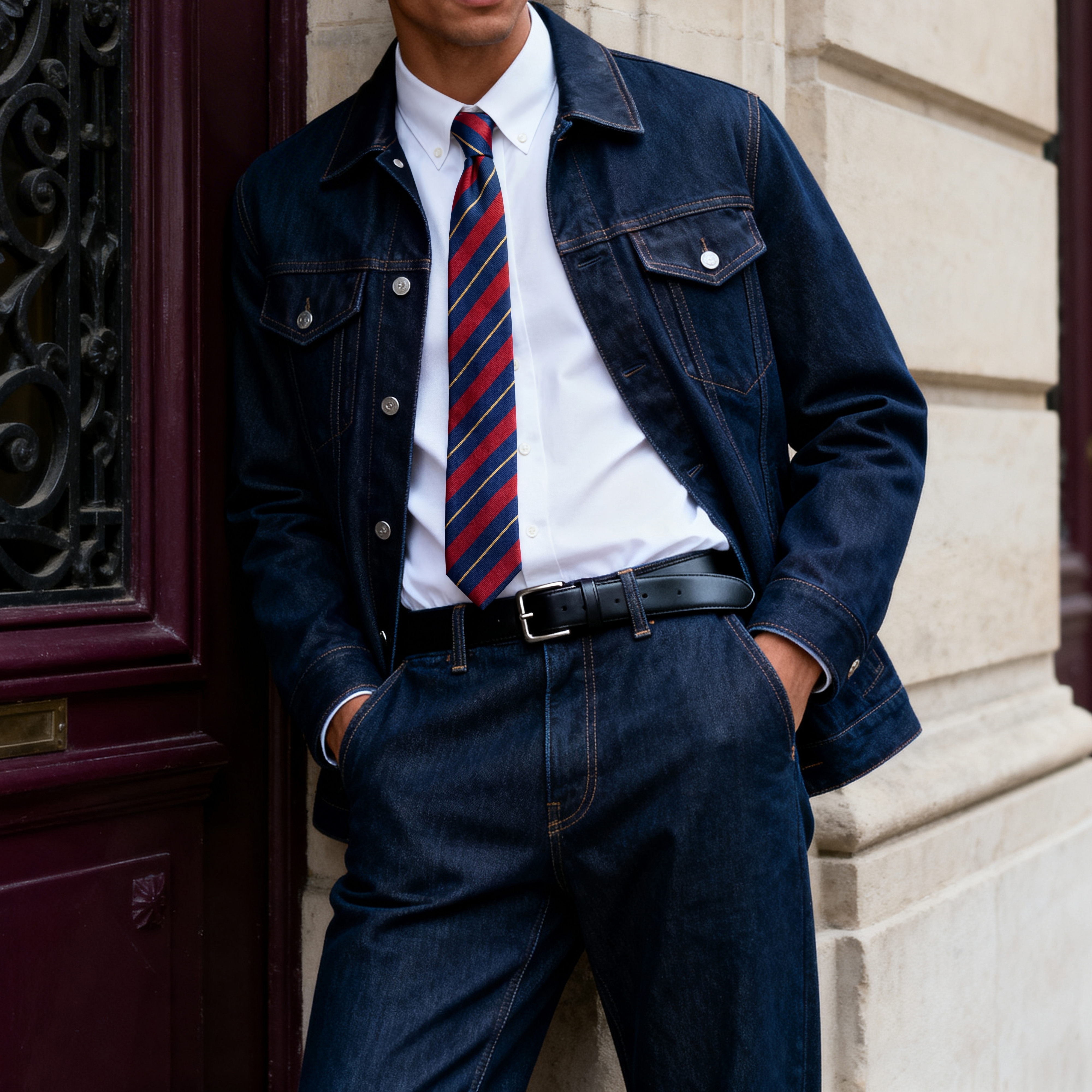 Röd & Guldrandig Marinblå 6 cm bred Sidenslips - 2