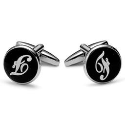 Round Silver-tone and Black Initial F Cufflinks