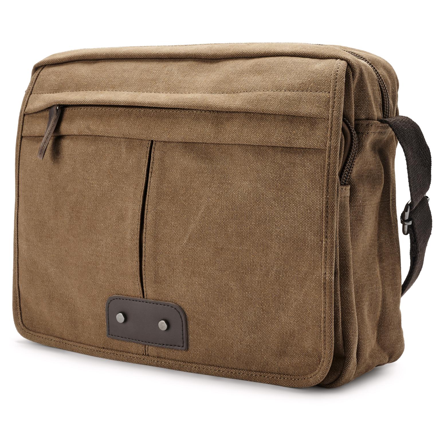 Vintage Messenger Bag aus karamellfarbenem Segeltuch und braunem Leder Vintage Messenger Bag aus karamellfarbenem Segeltuch und braunem Leder