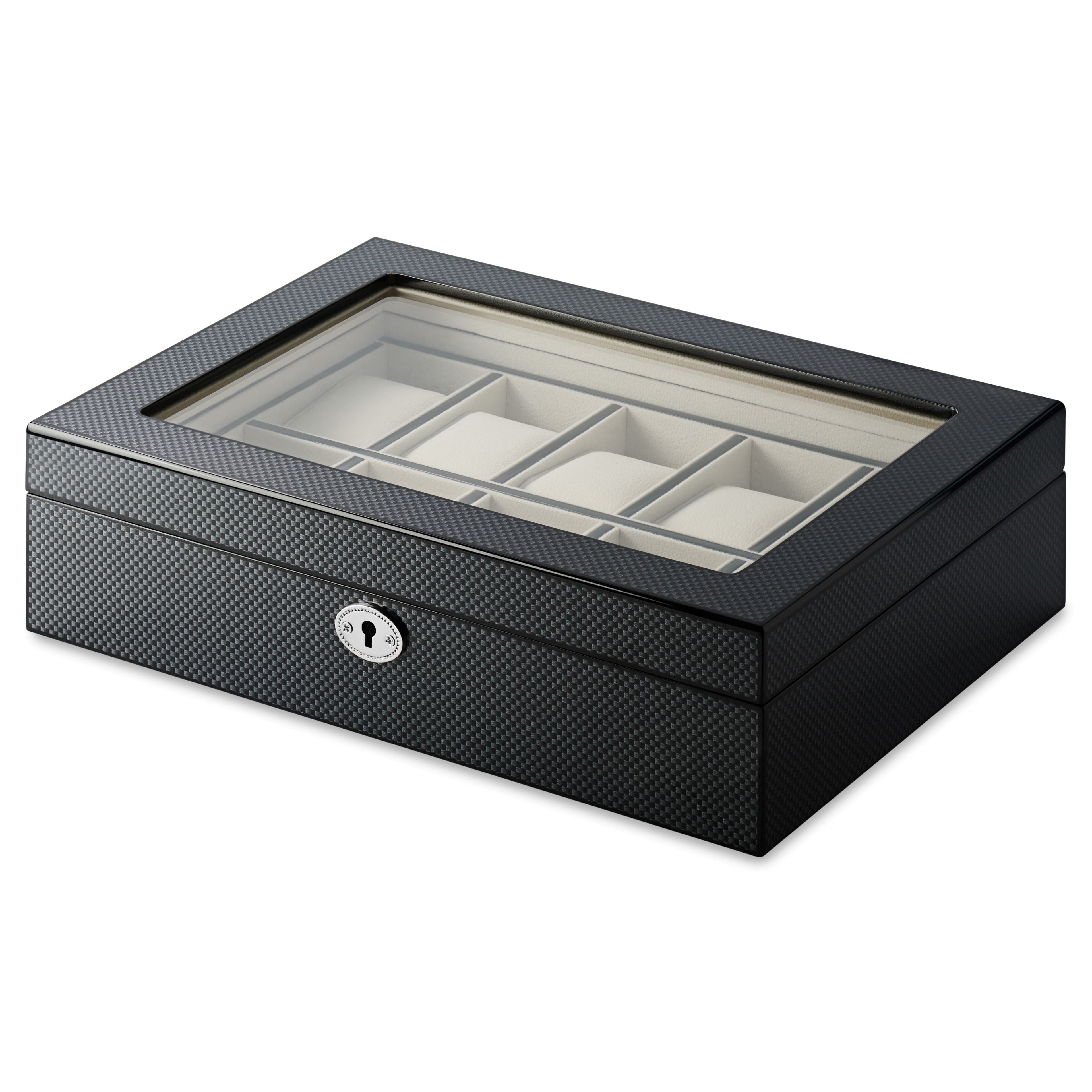 Caja para 10 relojes con chapa de fibra de carbono