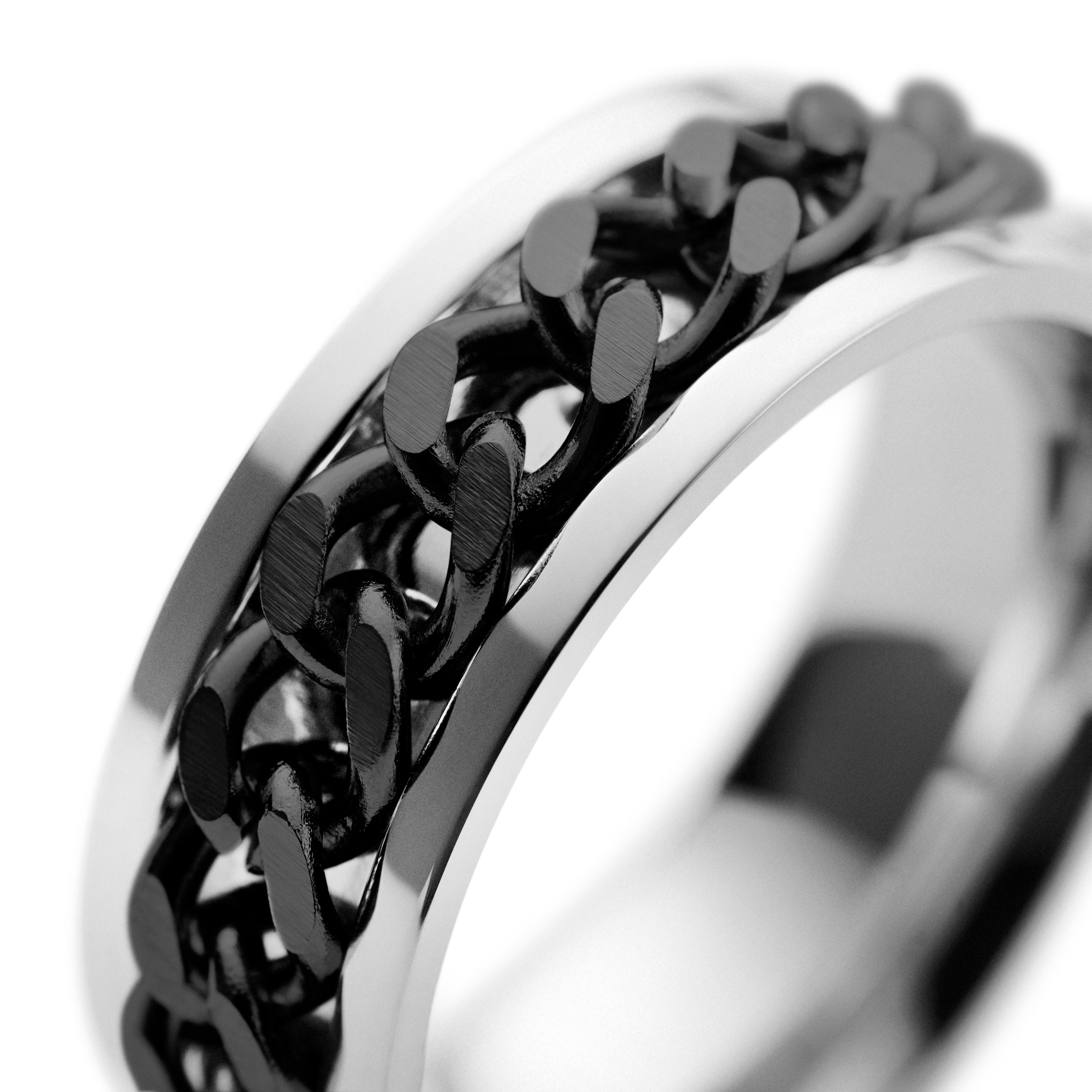Sentio Rings Sentio | Silver-Tone and Black Stainless Steel Curb Chain Ring | In ...