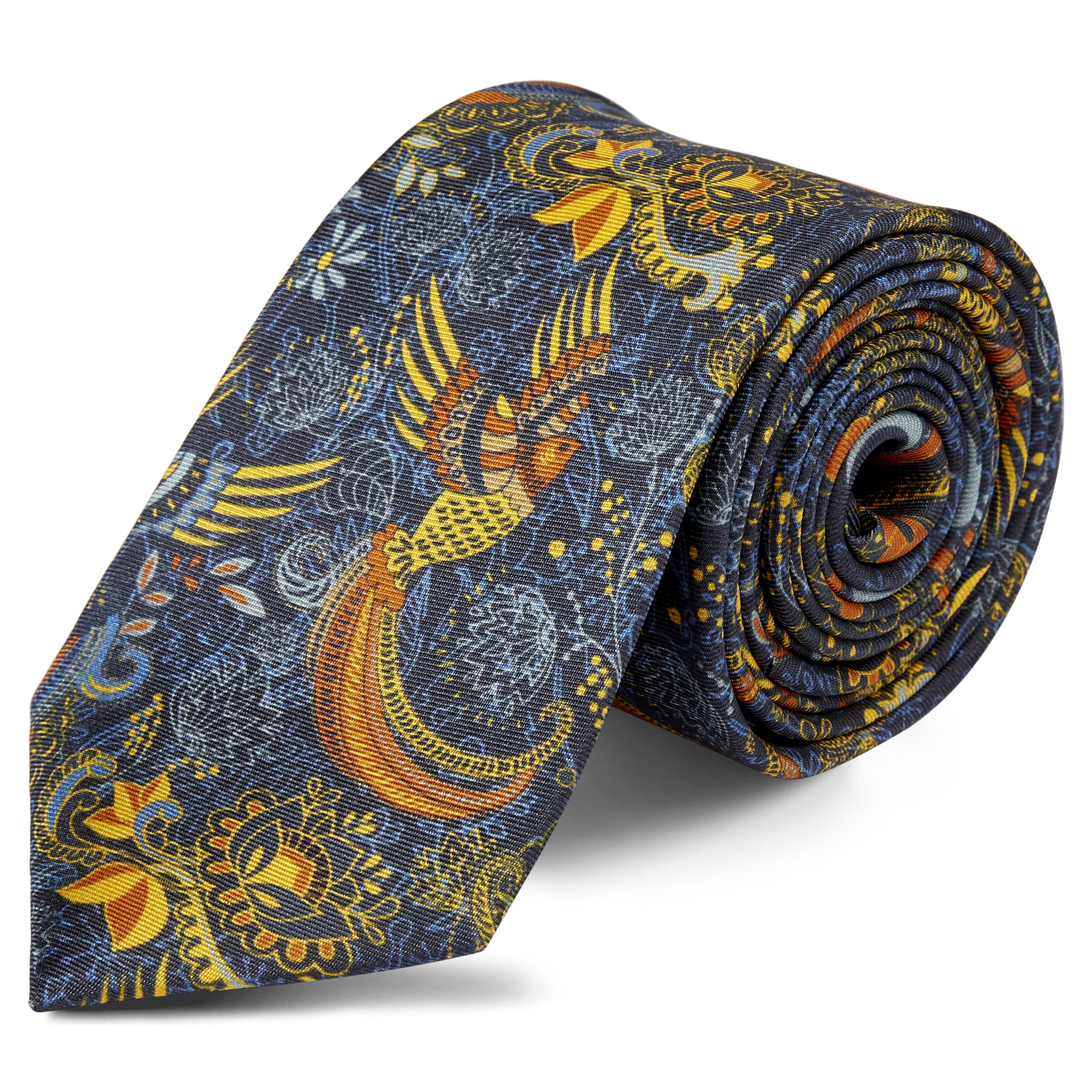 Boho | Dark Blue & Orange Bird Pattern Silk Tie