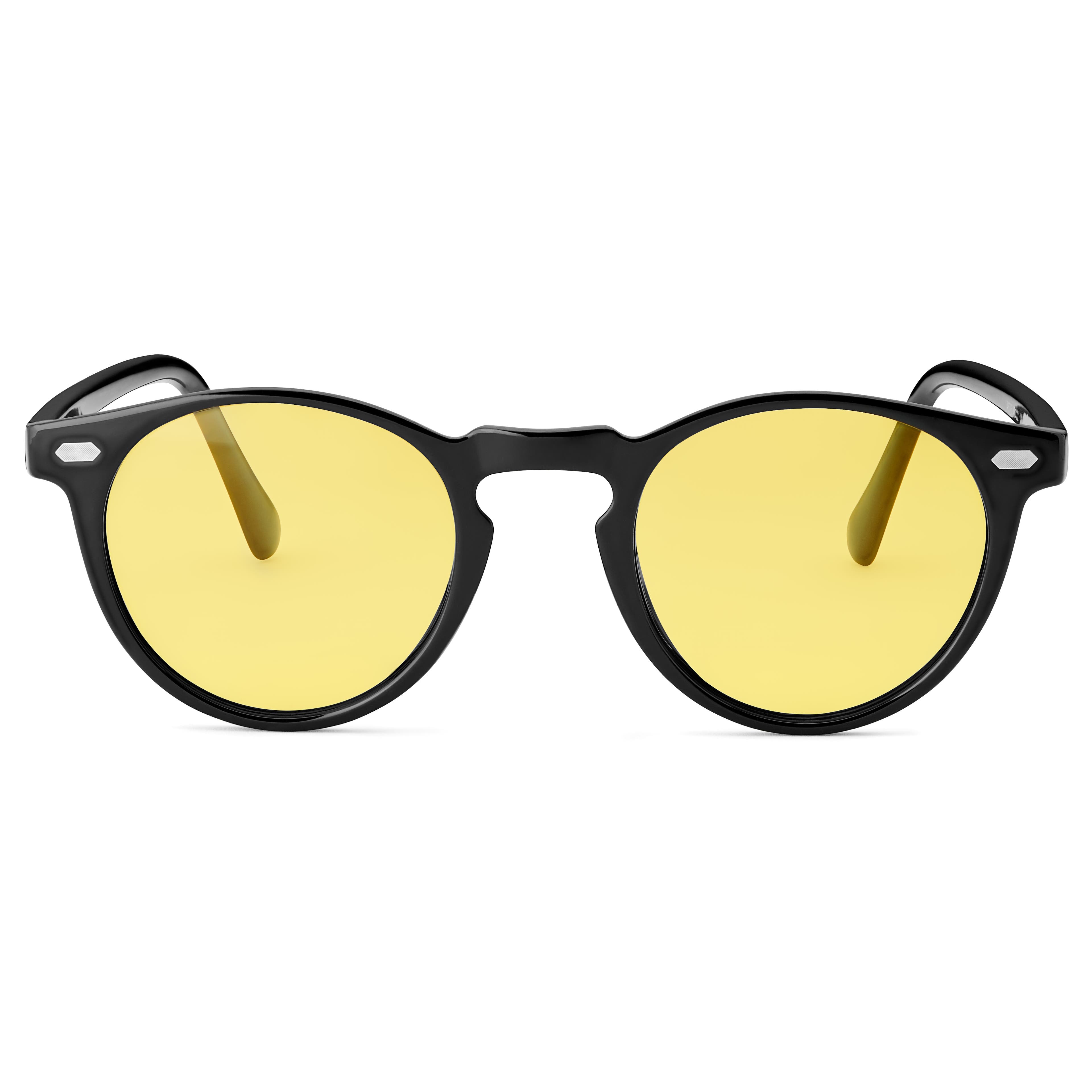 Ochelari de soare retro rotunzi negri cu lentile polarizate galbene
