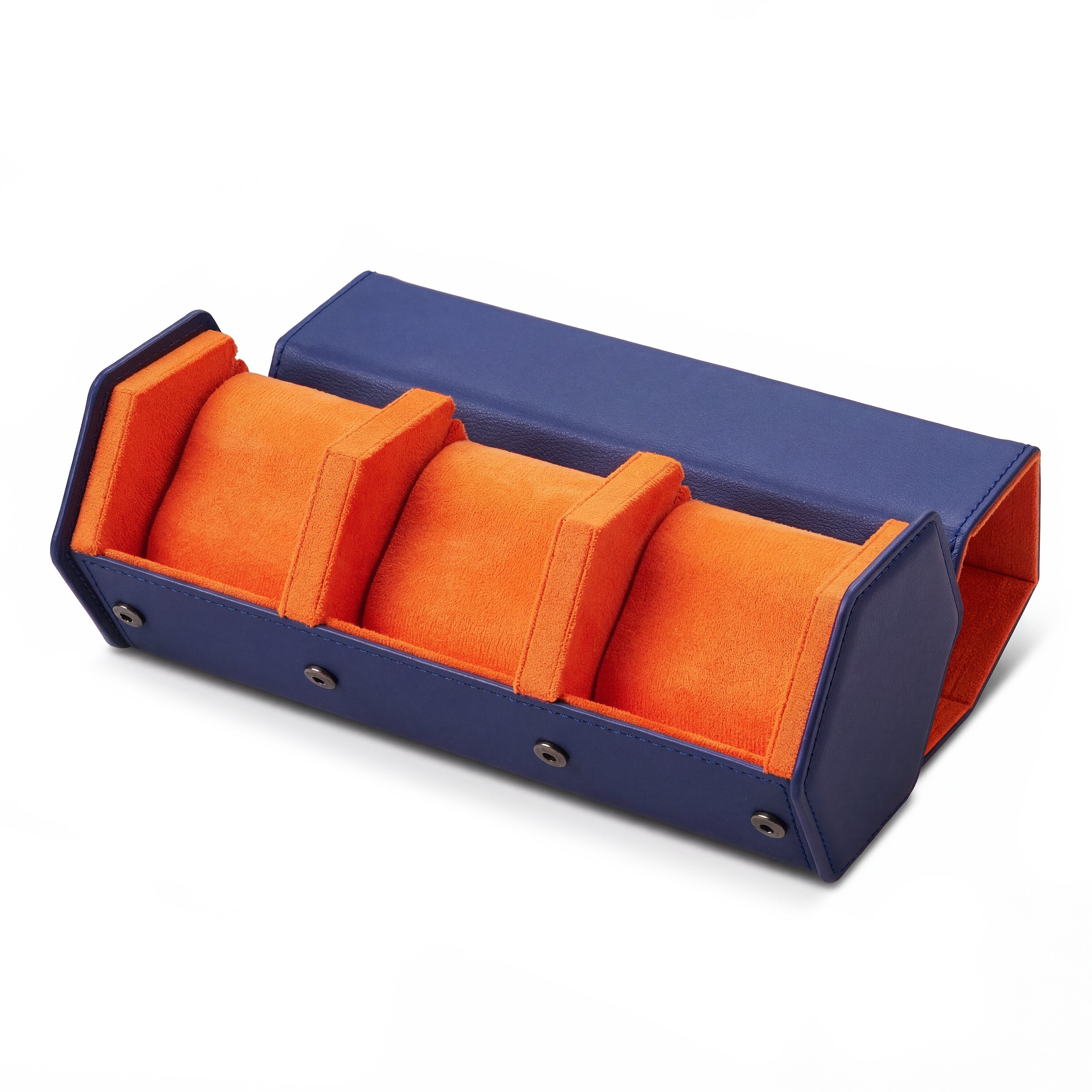 Hexa | Navy & Orange Faux Leather Hexagonal Watch Roll Case - 3 Watches - 3
