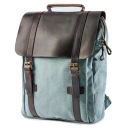 Vintage-Style Arctic Blue Canvas & Dark Leather Backpack