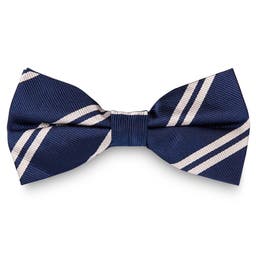 Silver-Tone Twin Stripe Navy Silk Pre-Tied Bow Tie