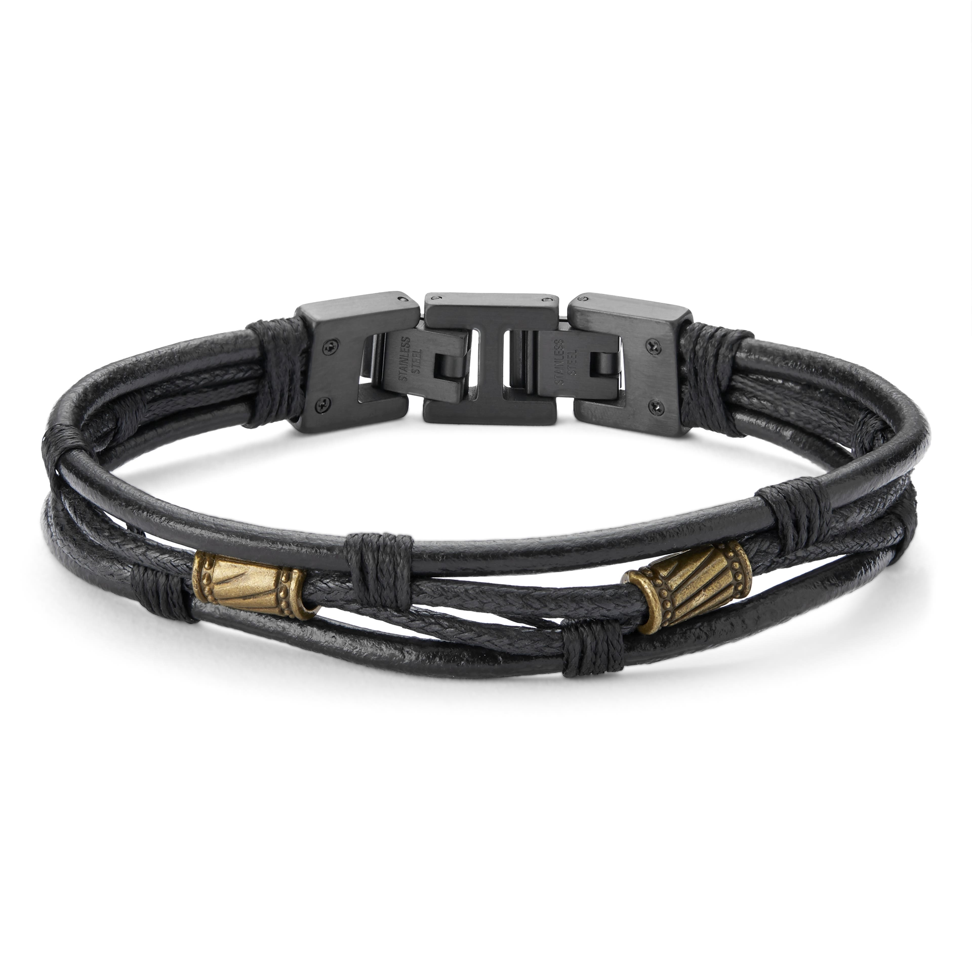 Bracelet en cordons de cuir noir et en acier noir et or Icon