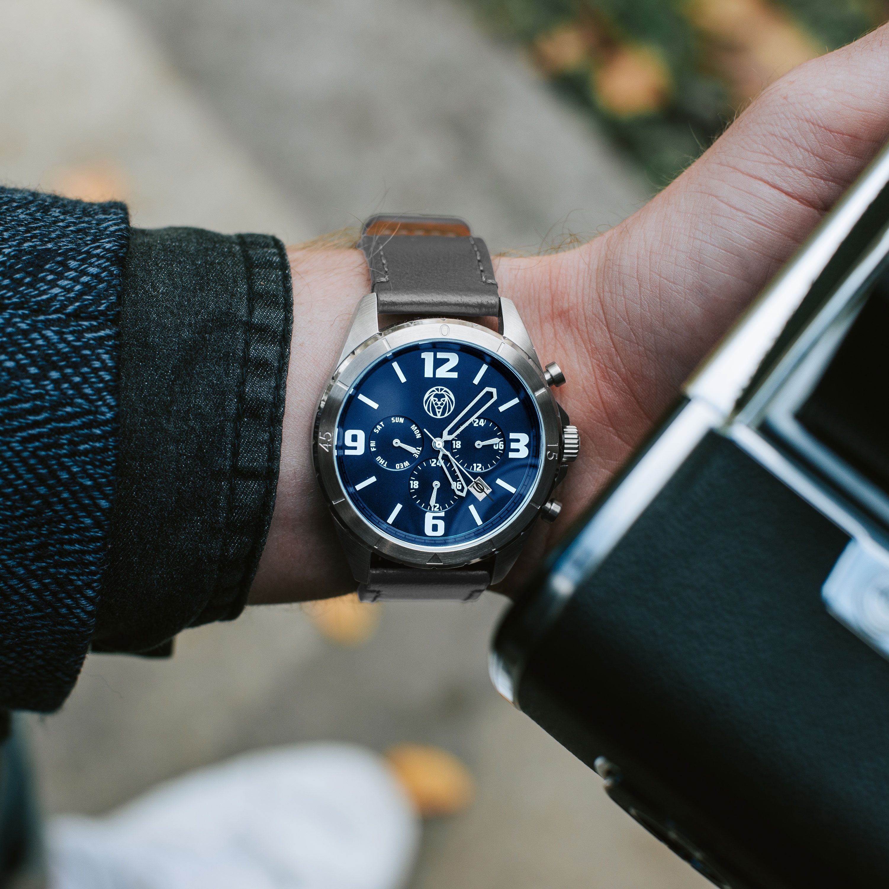 Alton | Silver-Tone Chronograph Watch With Blue Dial & Dark Grey Leather Strap - 4